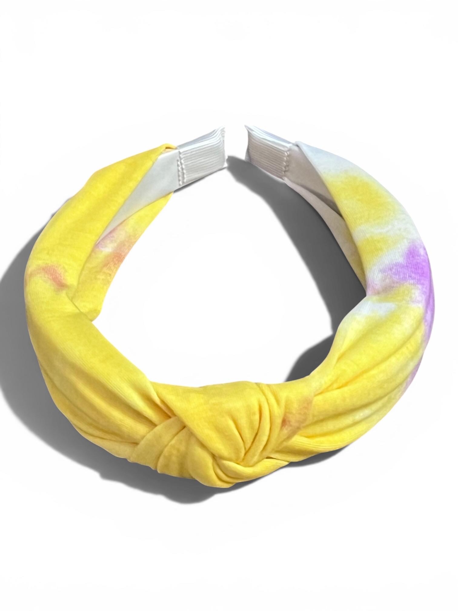 Kids Tie-Dye Knotted Headband in summer pastel yellow and purple, view 2