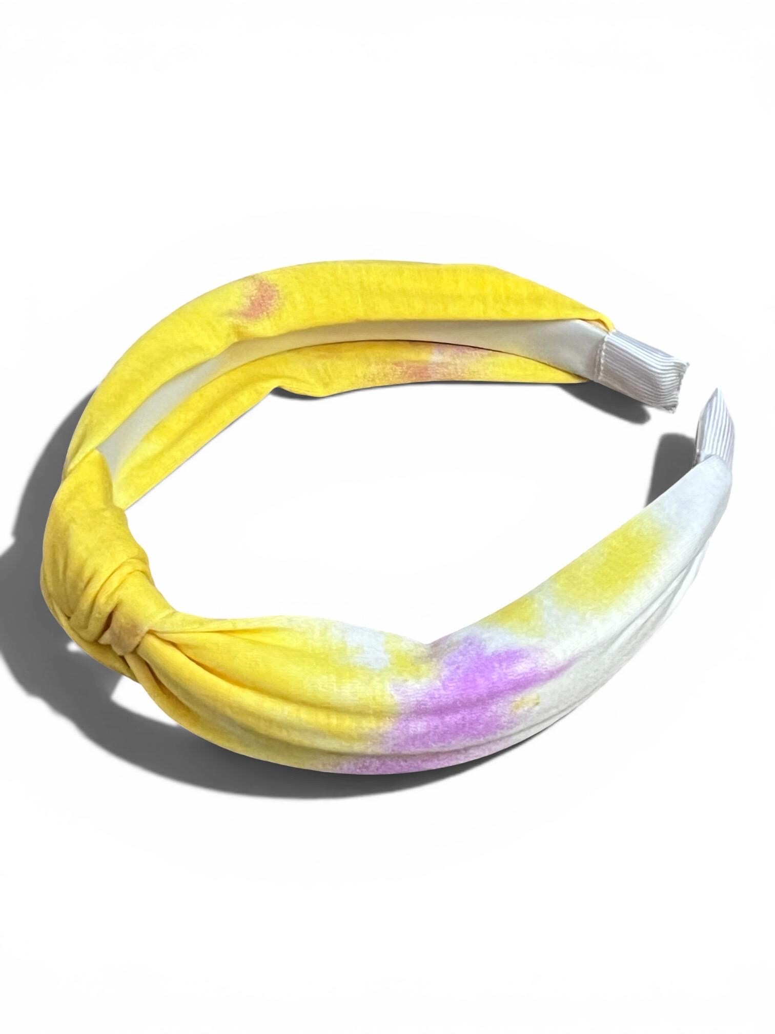 Kids Tie-Dye Knotted Headband in summer pastel yellow and purple, view 4