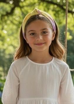 Kids Tie-Dye Knotted Headband in summer pastel yellow and purple, view 5