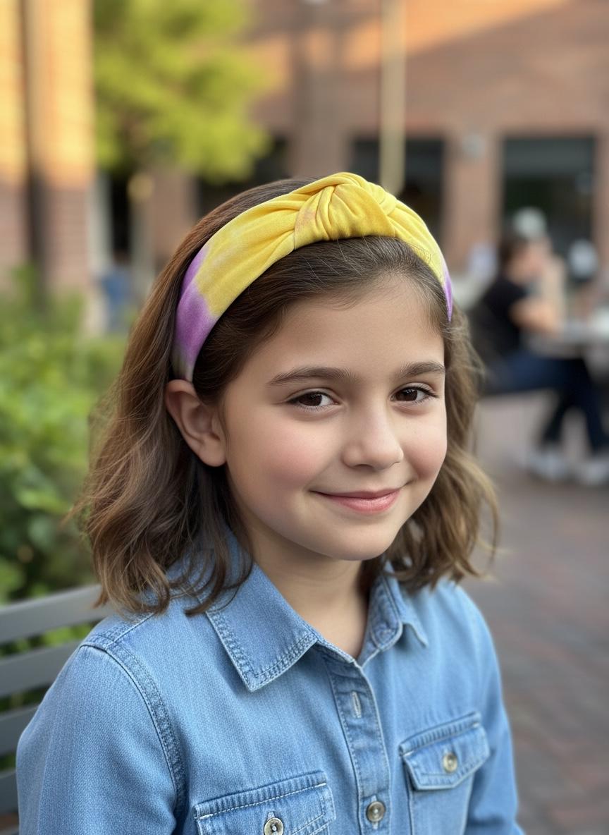 Kids Tie-Dye Knotted Headband in summer pastel yellow and purple, view 6