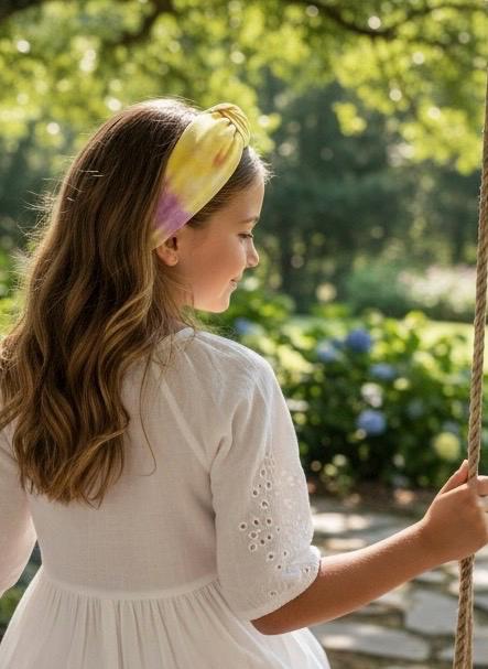 Kids Tie-Dye Knotted Headband in summer pastel yellow and purple, view 7