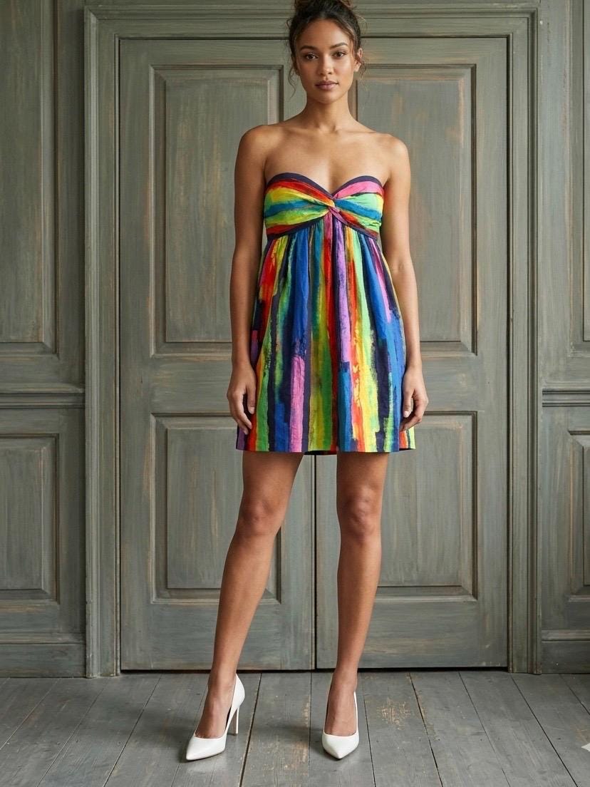 Milly Strapless Rainbow-Striped Twist Bodice Mini Dress