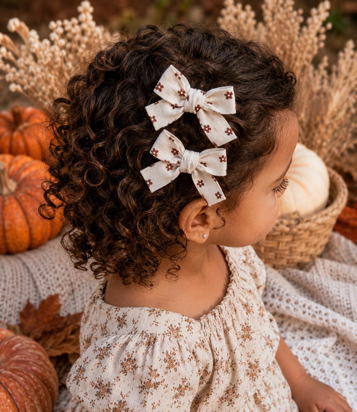 Mini Floral Hair Bows Set of 2 | Cream & Brown Fall Hair Clips