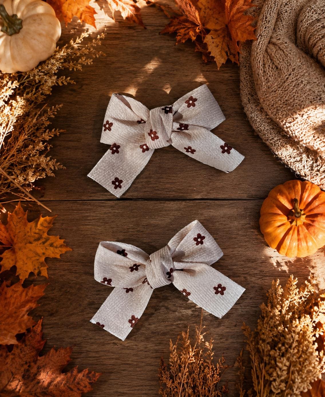 Mini Floral Hair Bows Set of 2 | Cream & Brown Fall Hair Clips, view 2
