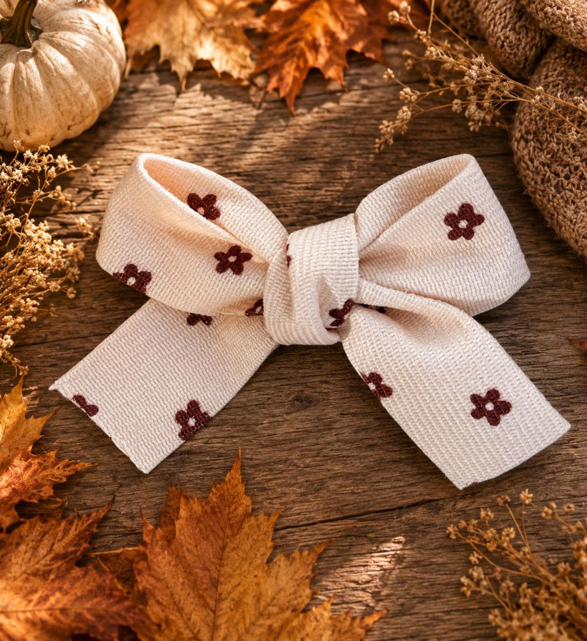 Mini Floral Hair Bows Set of 2 | Cream & Brown Fall Hair Clips, view 3