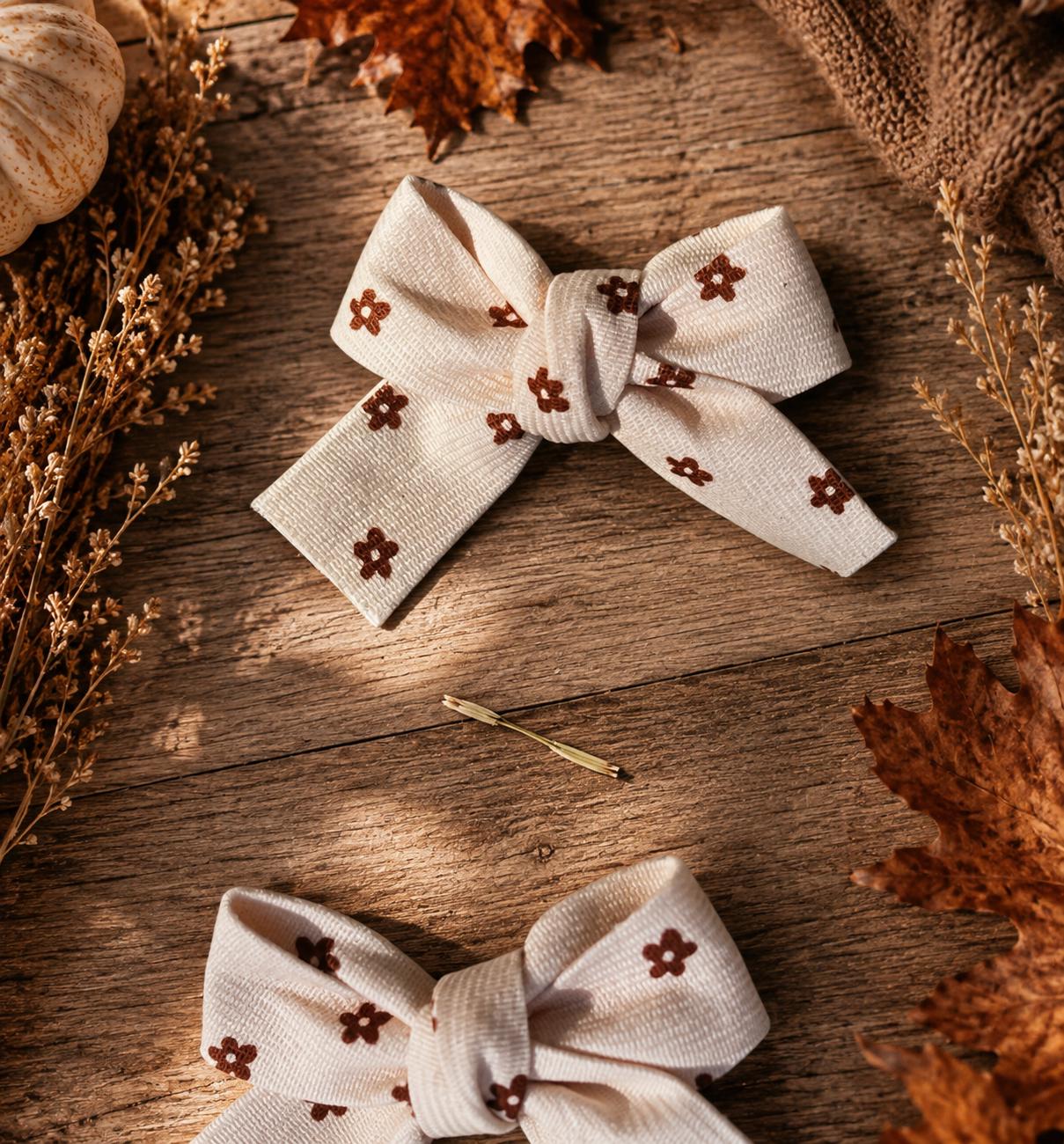 Mini Floral Hair Bows Set of 2 | Cream & Brown Fall Hair Clips, view 4