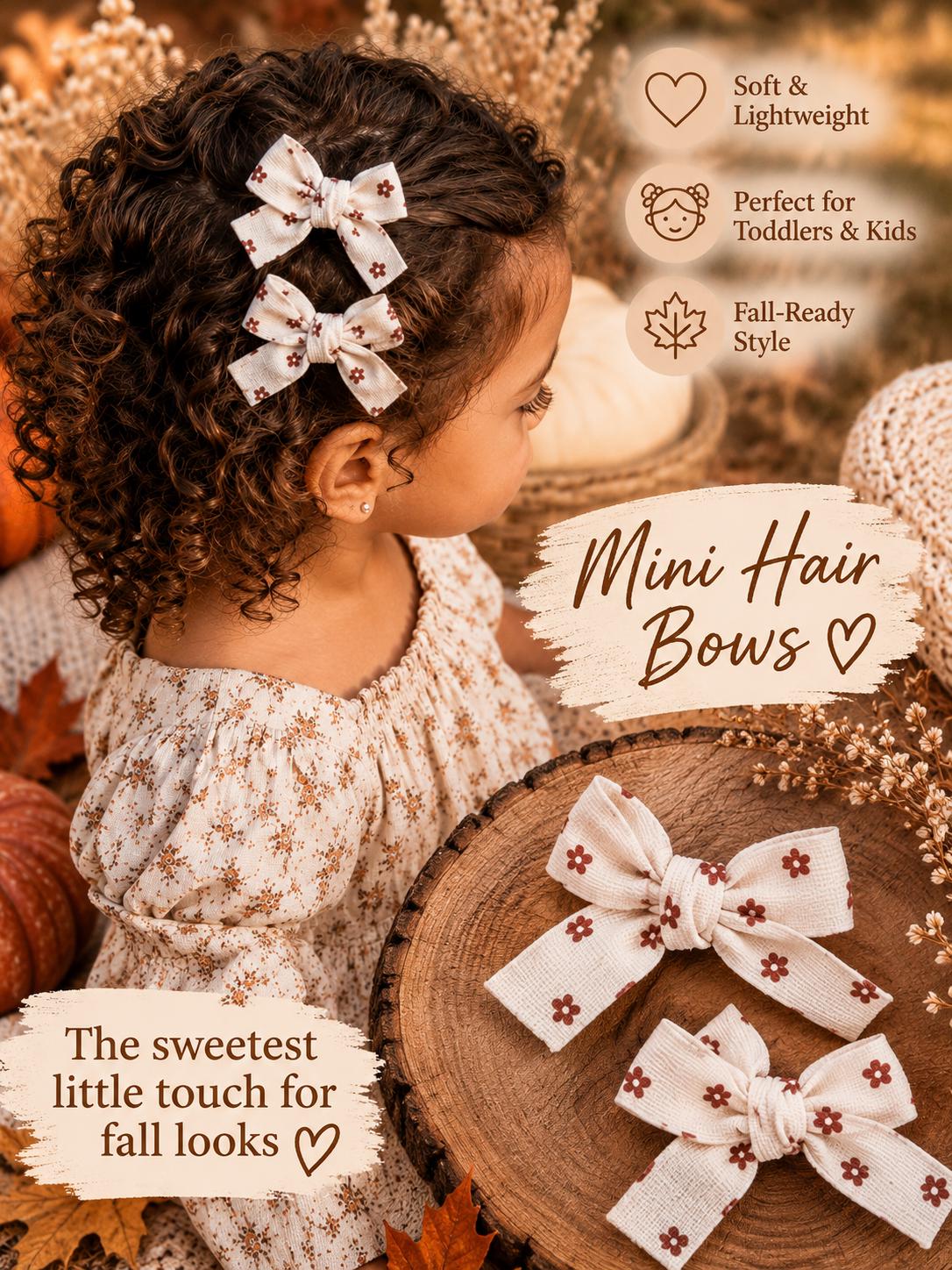 Mini Floral Hair Bows Set of 2 | Cream & Brown Fall Hair Clips, view 5