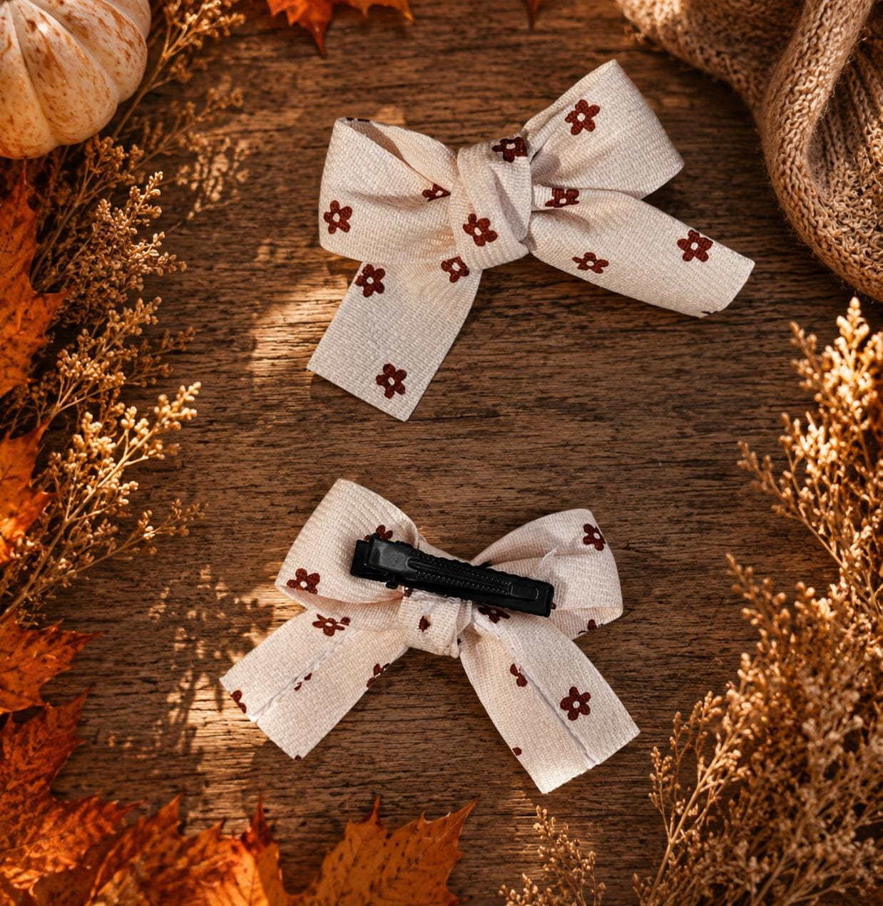 Mini Floral Hair Bows Set of 2 | Cream & Brown Fall Hair Clips, view 6