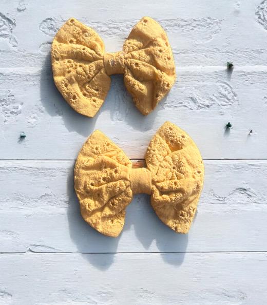 Mustard Yellow Eyelet Fabric Bows For Toddlers Alligator Clips Set of 2, view 2