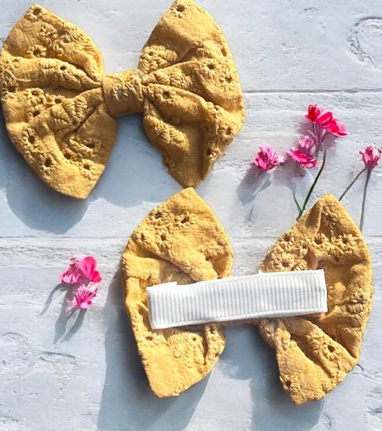 Mustard Yellow Eyelet Fabric Bows For Toddlers Alligator Clips Set of 2, view 5