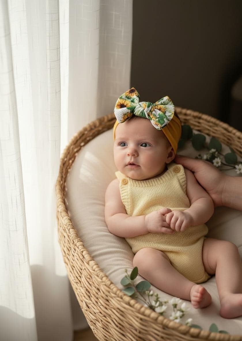 Mustard Yellow Sunflower Bow Headband Stretchy Baby Toddler Hair Accessory Boho