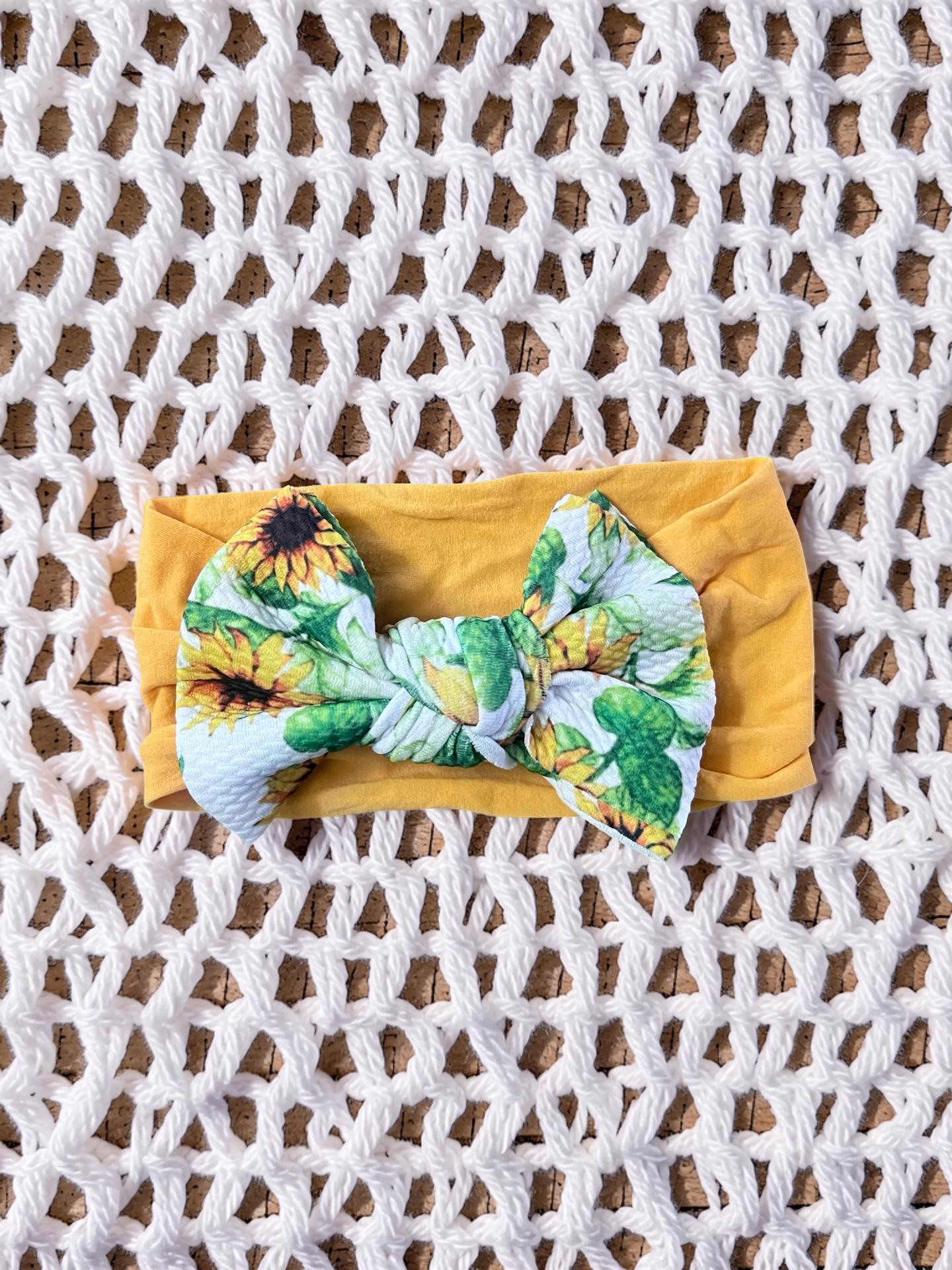 Mustard Yellow Sunflower Bow Headband Stretchy Baby Toddler Hair Accessory Boho, view 2