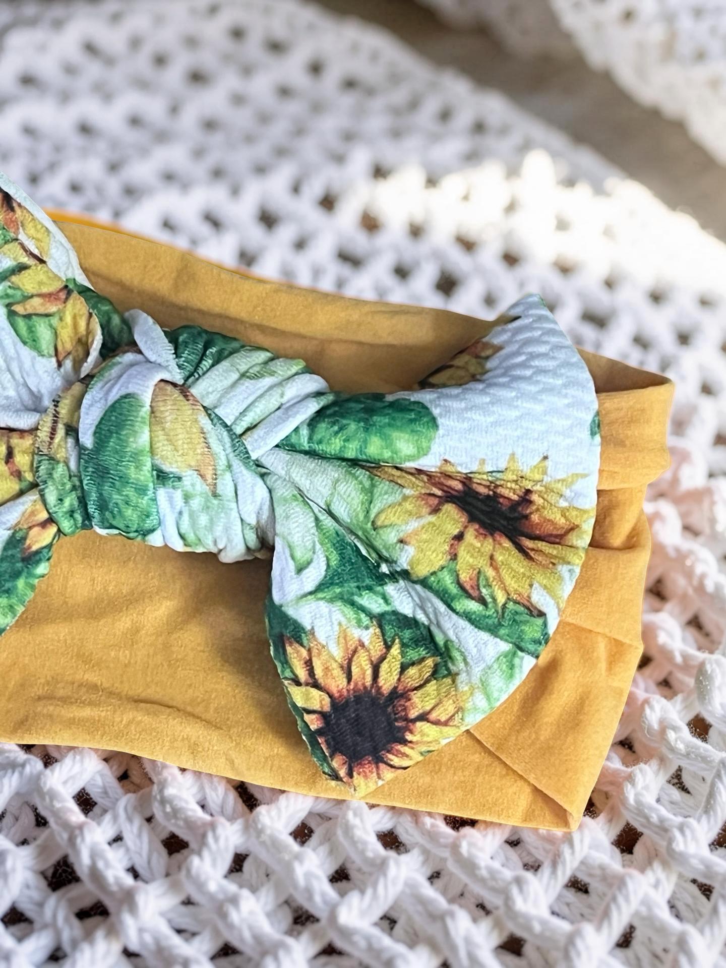 Mustard Yellow Sunflower Bow Headband Stretchy Baby Toddler Hair Accessory Boho, view 4