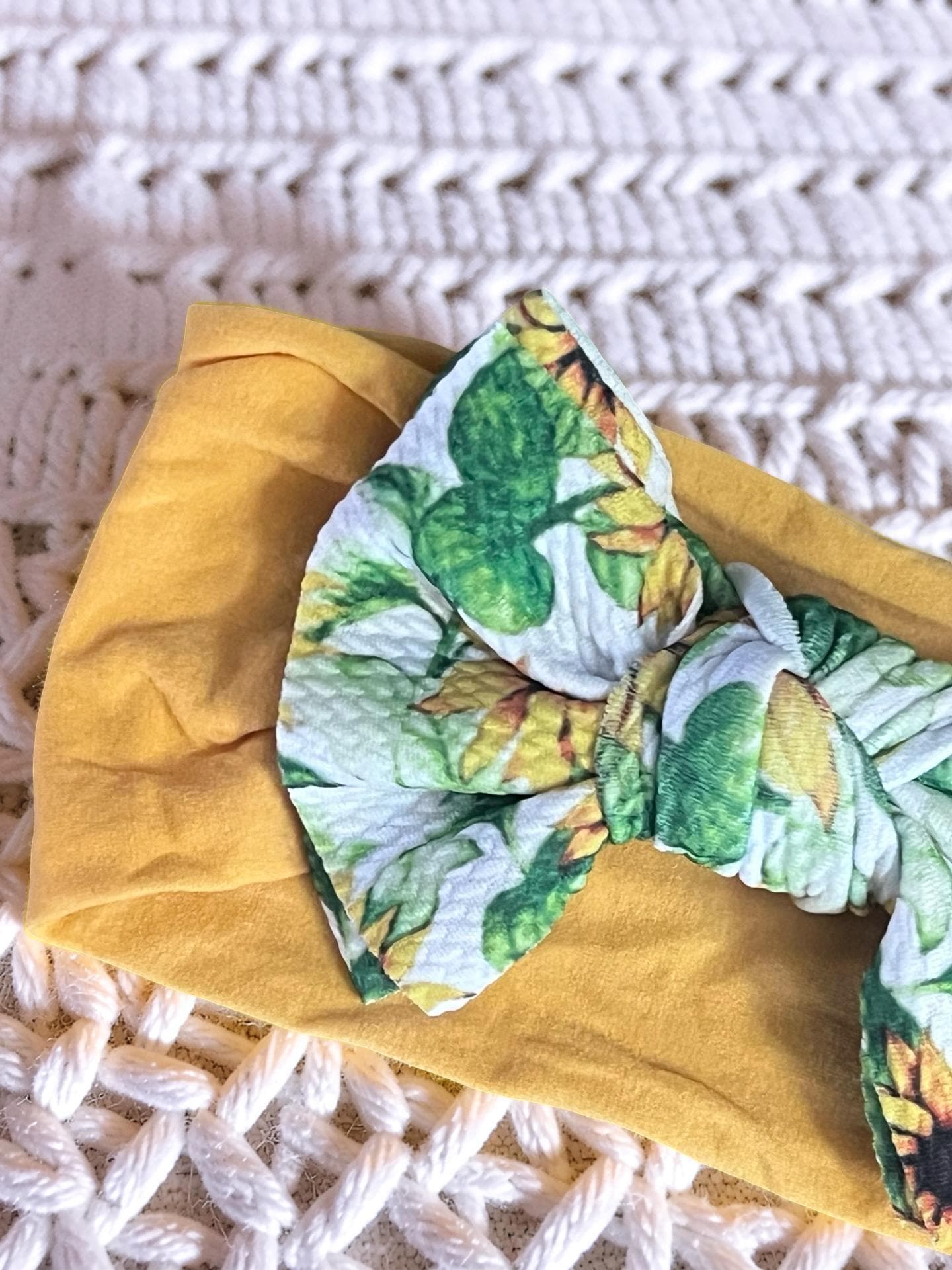 Mustard Yellow Sunflower Bow Headband Stretchy Baby Toddler Hair Accessory Boho, view 5