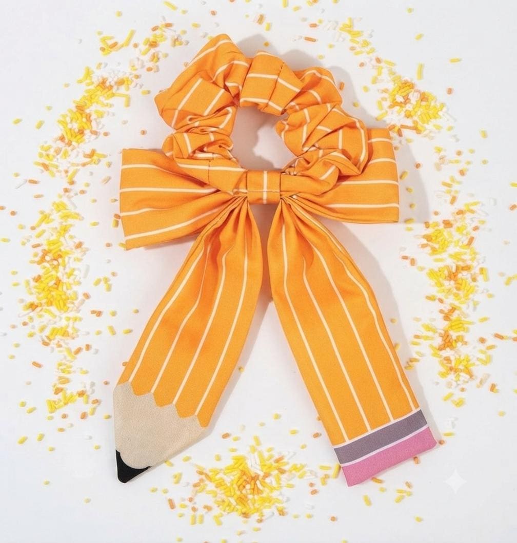 Pencil Print Long Tail Scrunchie with Bow – Back to School Hair Accessory