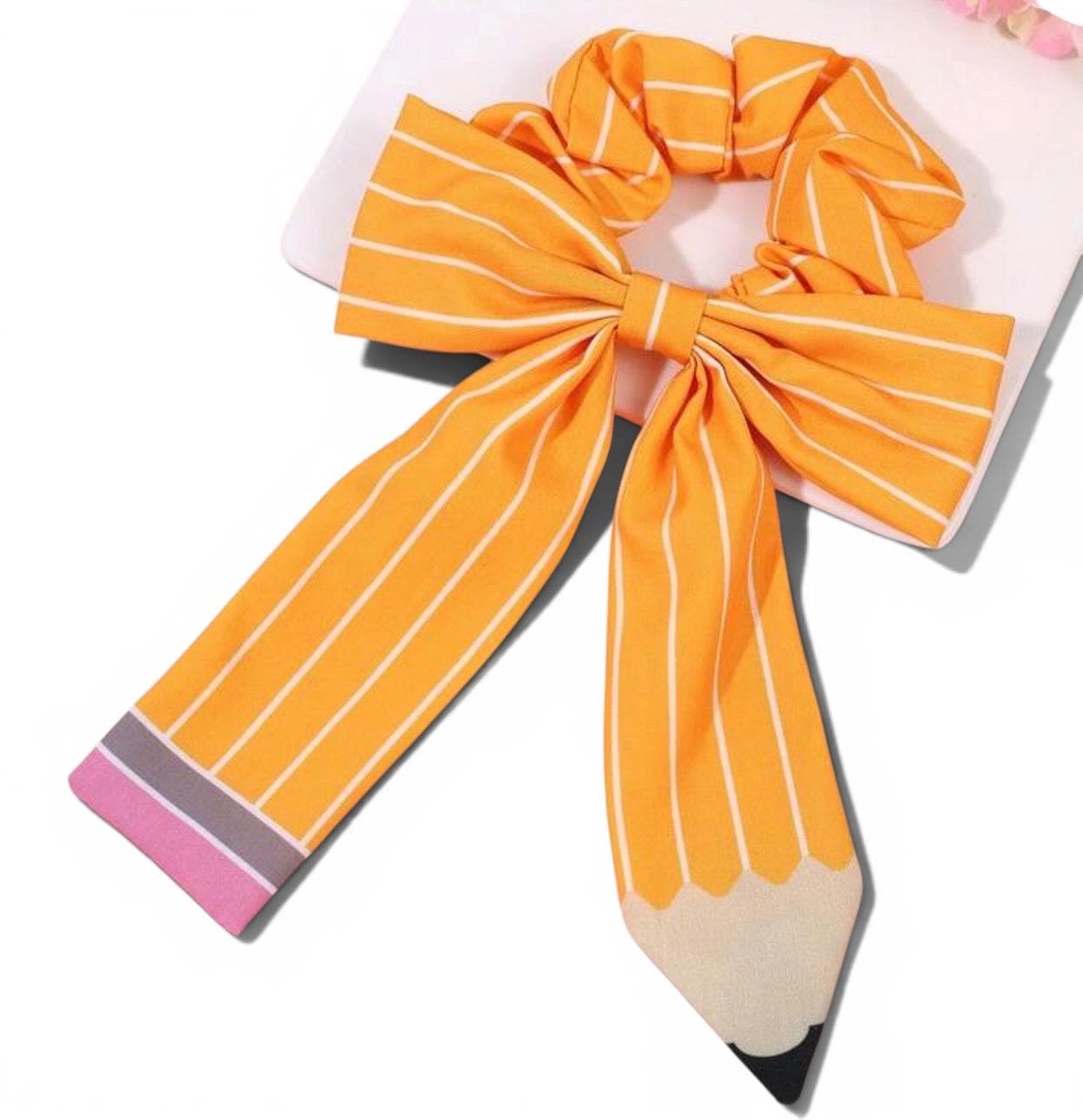 Pencil Print Long Tail Scrunchie with Bow – Back to School Hair Accessory, view 2