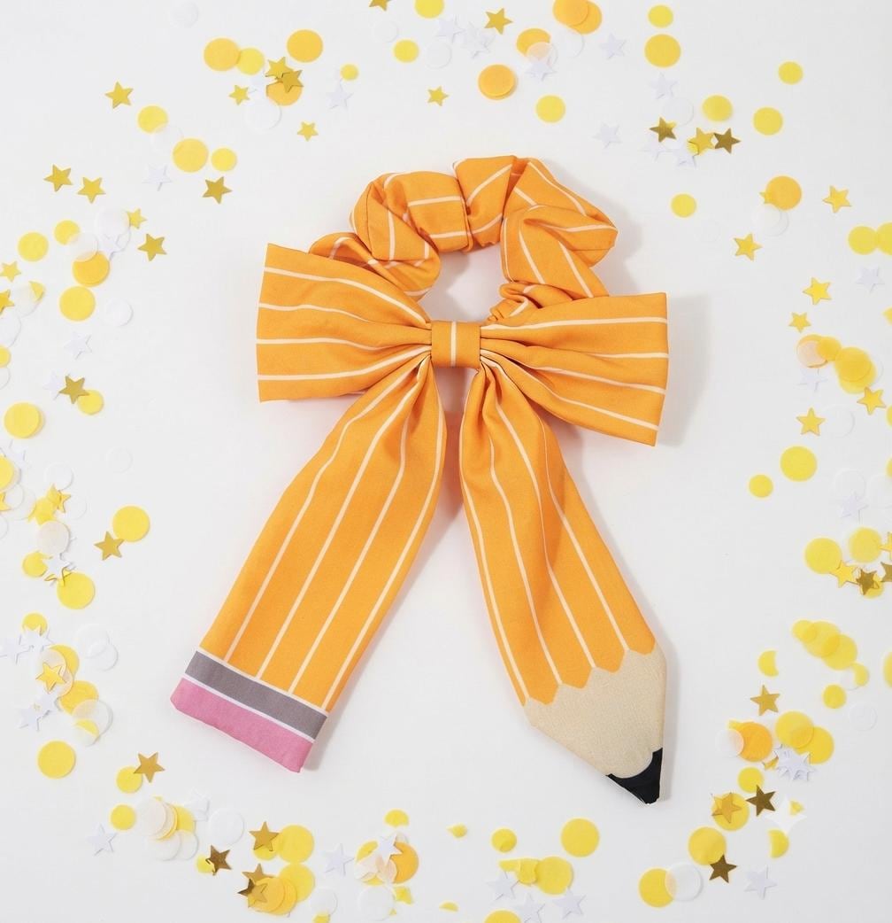 Pencil Print Long Tail Scrunchie with Bow – Back to School Hair Accessory, view 3