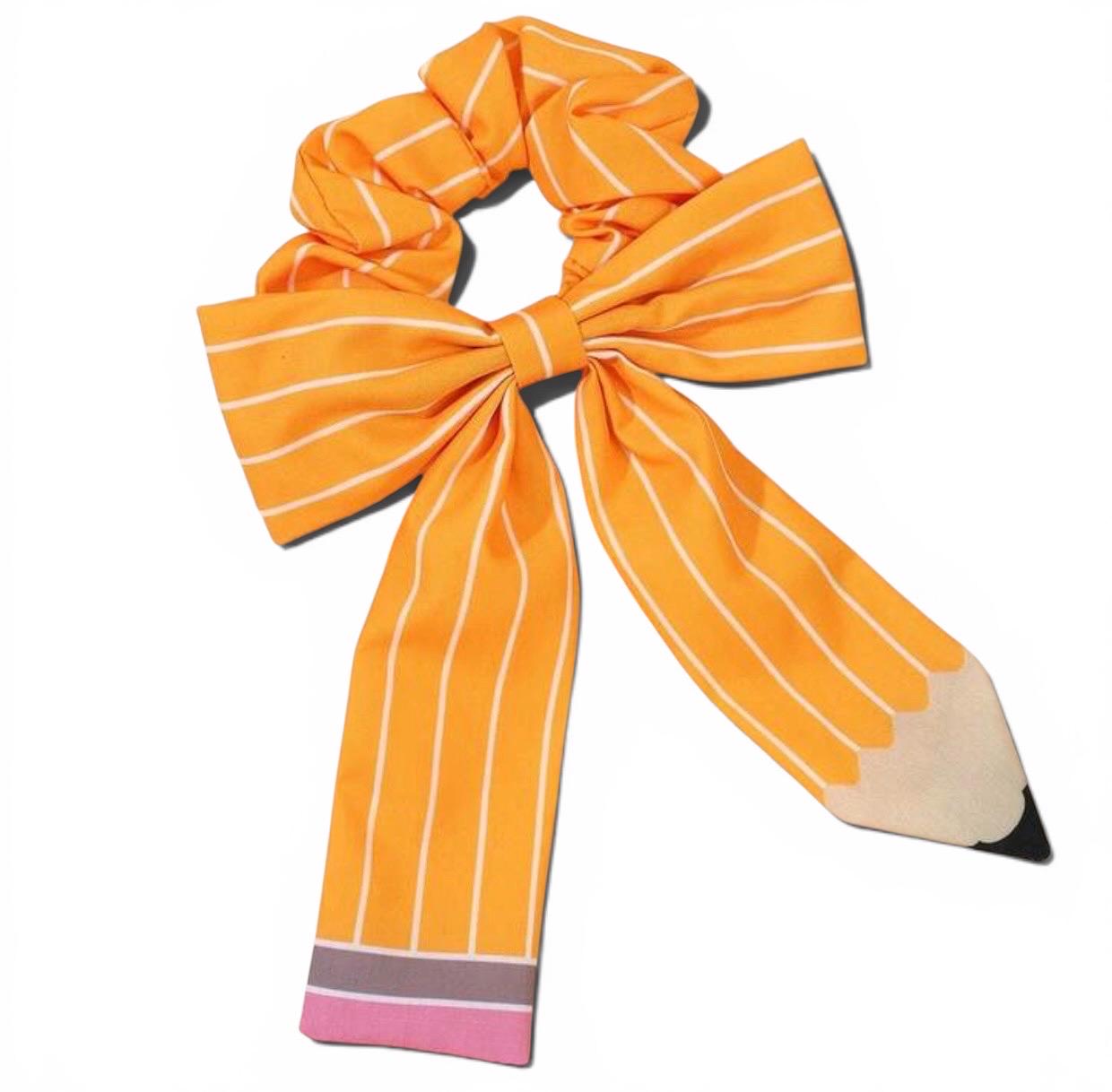 Pencil Print Long Tail Scrunchie with Bow – Back to School Hair Accessory, view 4