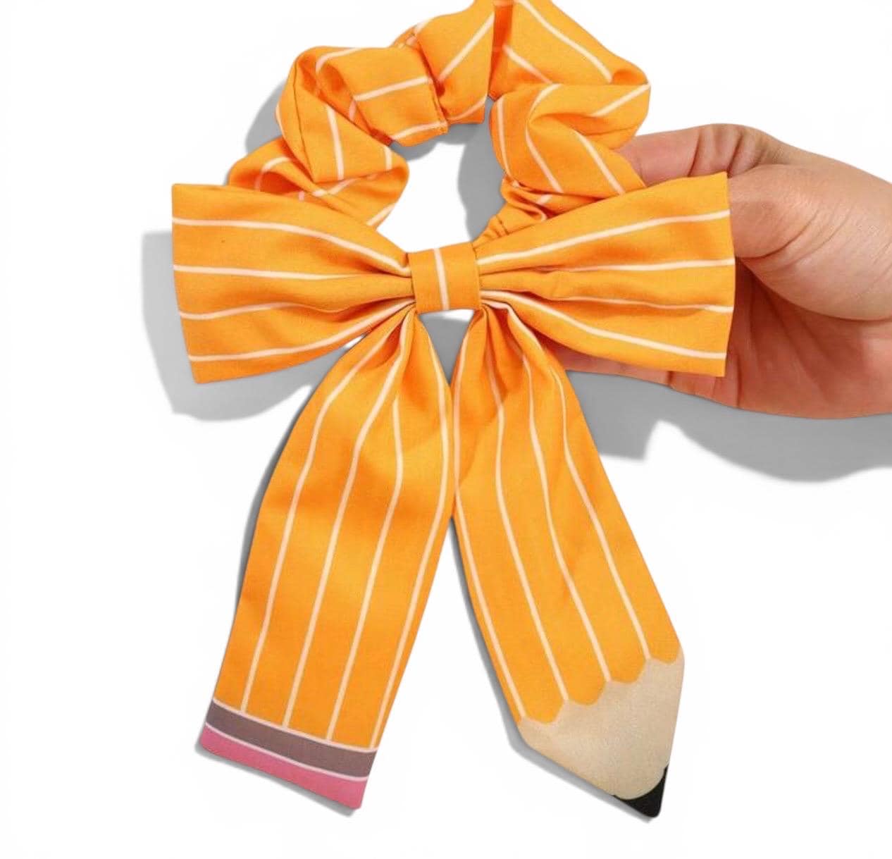 Pencil Print Long Tail Scrunchie with Bow – Back to School Hair Accessory, view 5