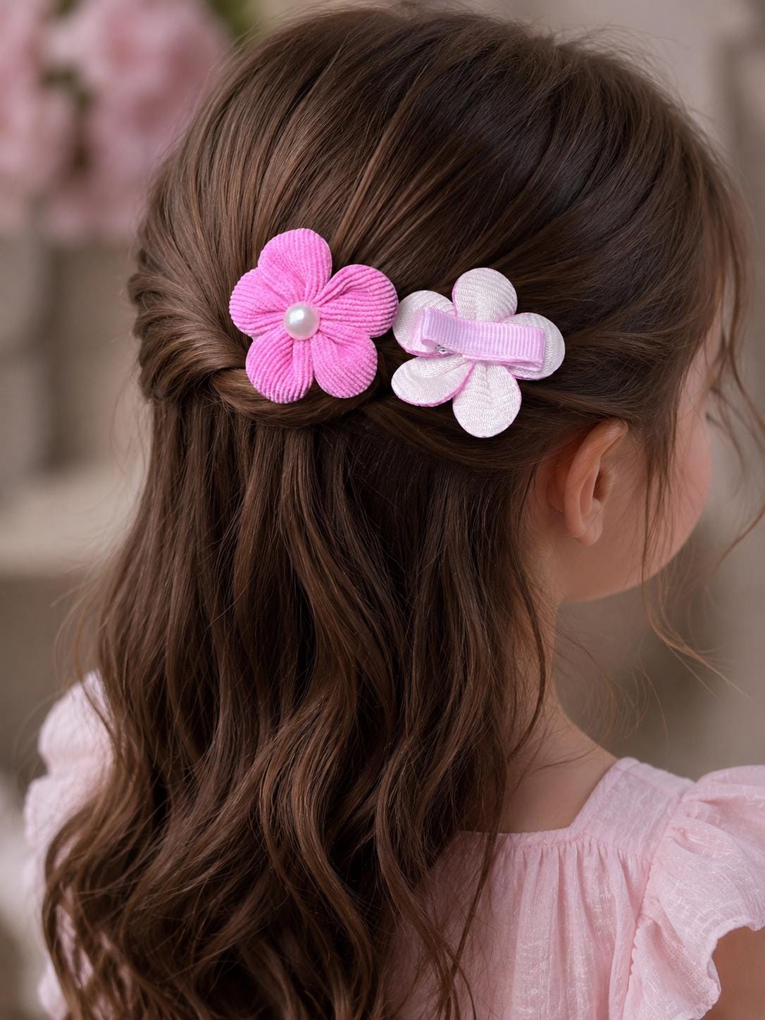 Pink Flower Pearl Kids Hair Clips - Set of 2, view 5