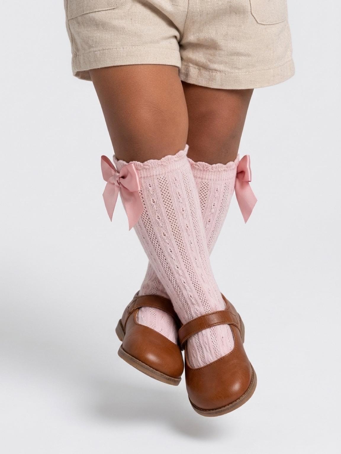 Pink Knit Toddler Socks with Satin Bows - Size 1-3 Years
