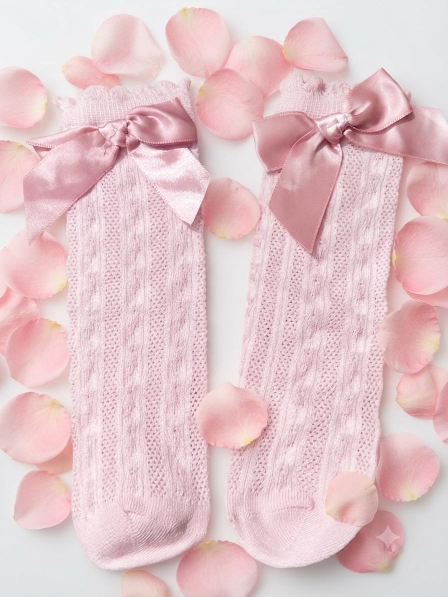 Pink Knit Toddler Socks with Satin Bows - Size 1-3 Years, view 2