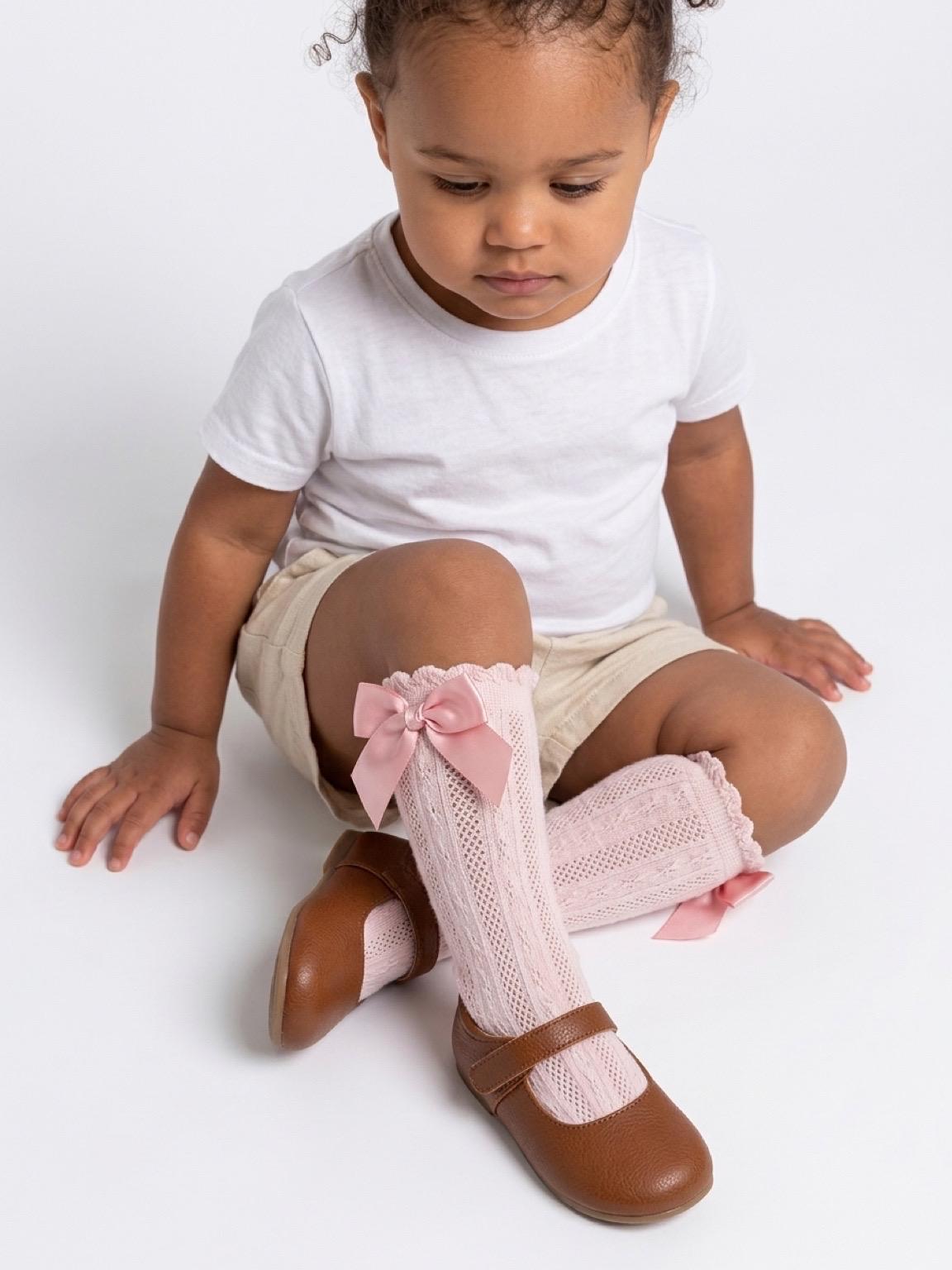 Pink Knit Toddler Socks with Satin Bows - Size 1-3 Years, view 3