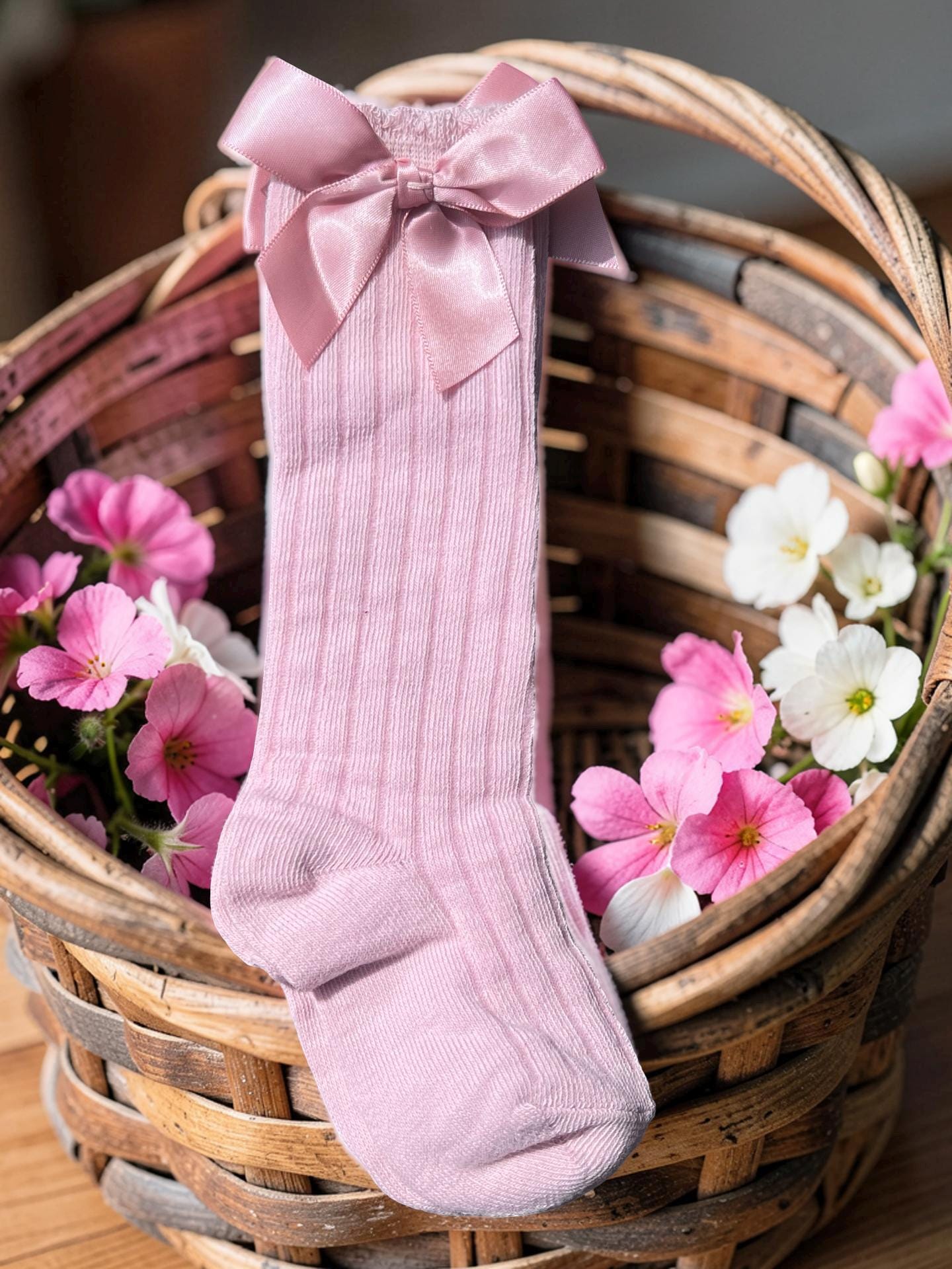 Pink Ribbed Bow Knee-High Socks For Toddlers, view 4