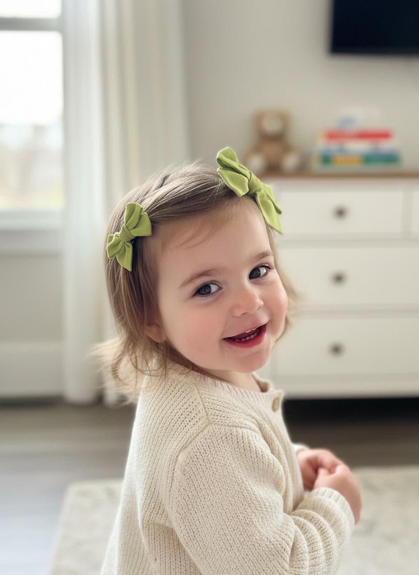 Set of 2 Linen Hair Bow Clips - Vibrant Chartreuse / Lime Green, view 6