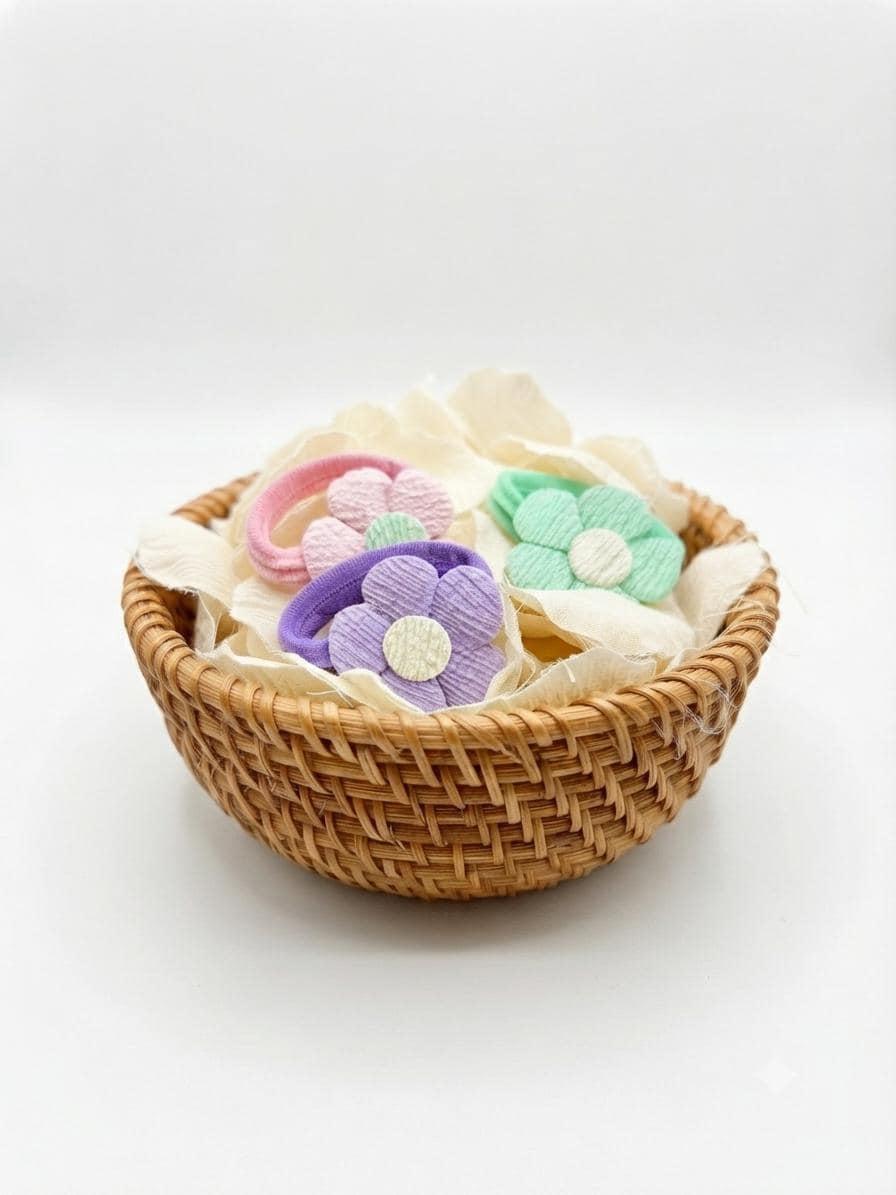 Set of 3 Textured Fabric Flower Ponytail Holders – Pastel Toddler Hair Accessories, view 2