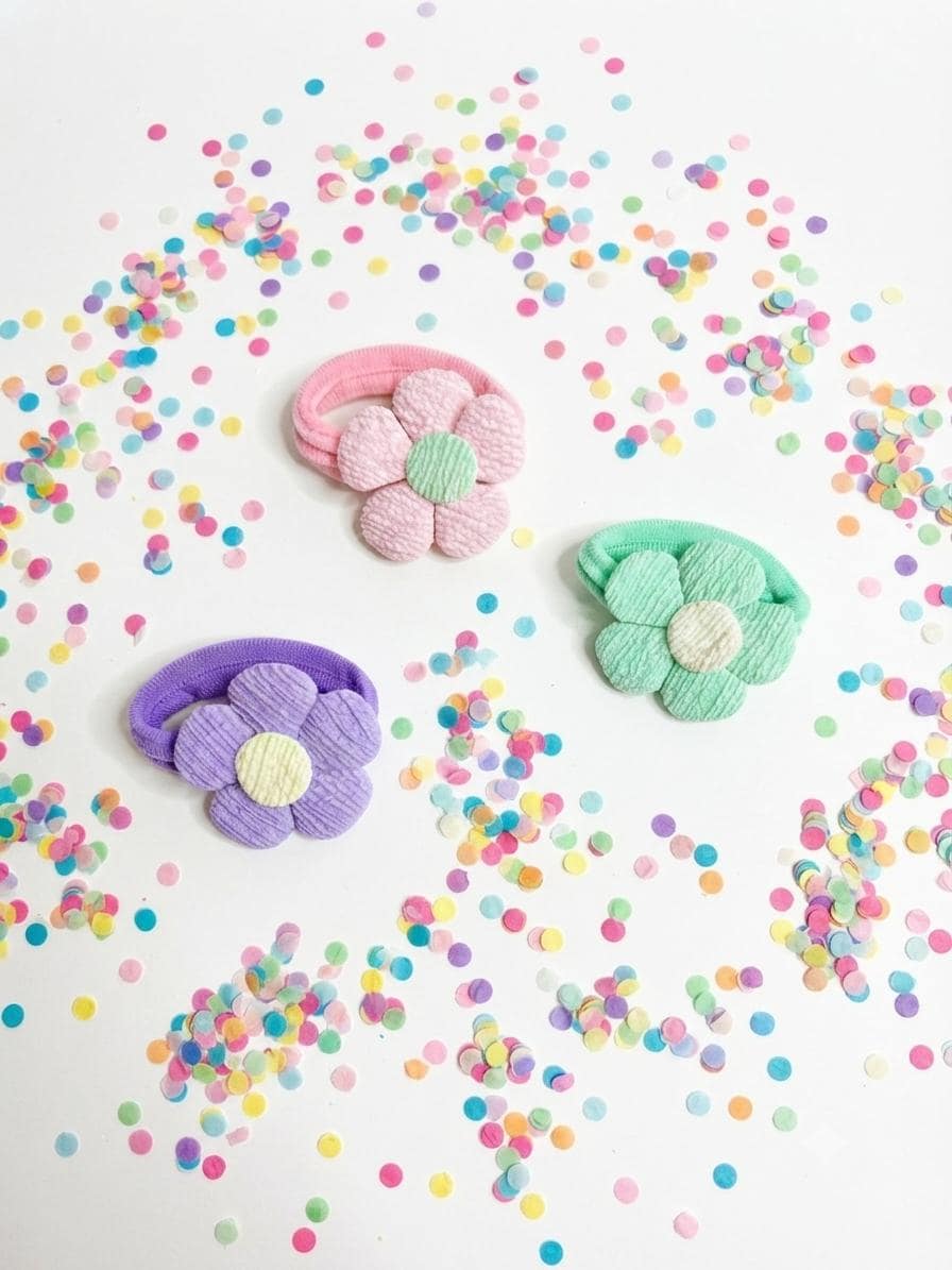 Set of 3 Textured Fabric Flower Ponytail Holders – Pastel Toddler Hair Accessories, view 3