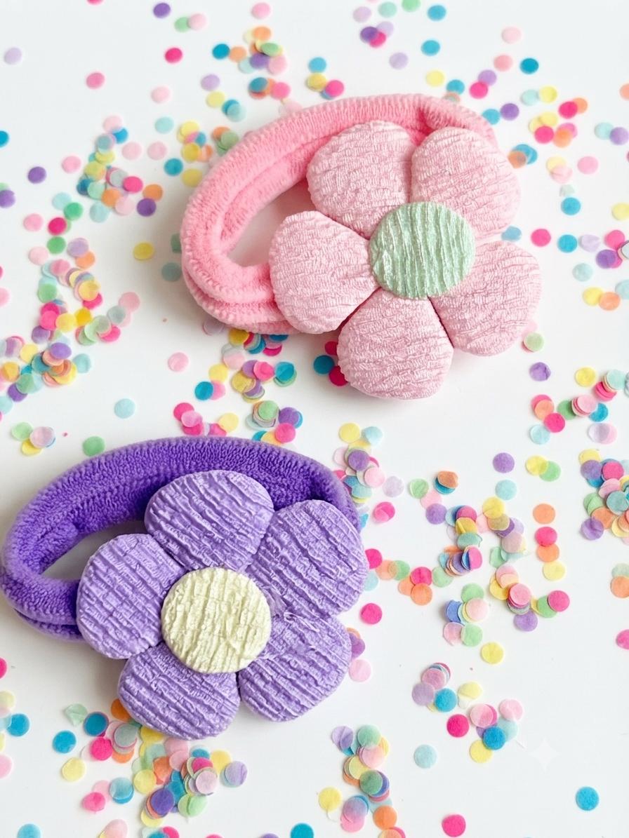 Set of 3 Textured Fabric Flower Ponytail Holders – Pastel Toddler Hair Accessories, view 4