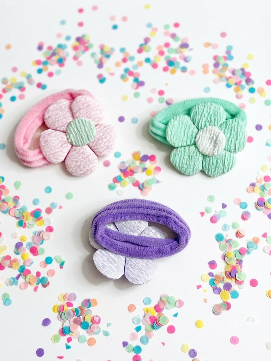 Set of 3 Textured Fabric Flower Ponytail Holders – Pastel Toddler Hair Accessories, view 6