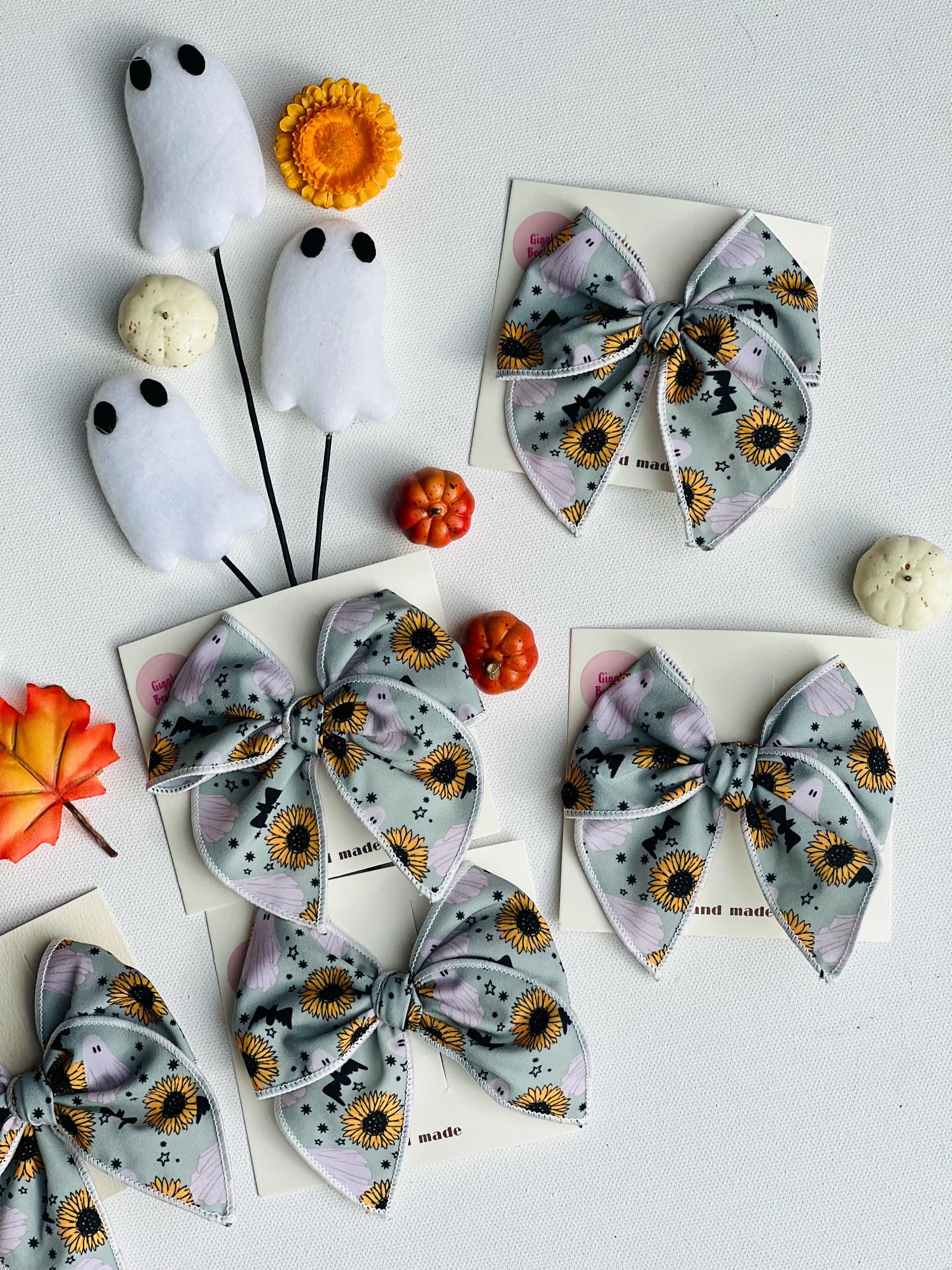 Spooky sunflower and ghost Halloween bow- 3.5 handmade hair clip, view 2