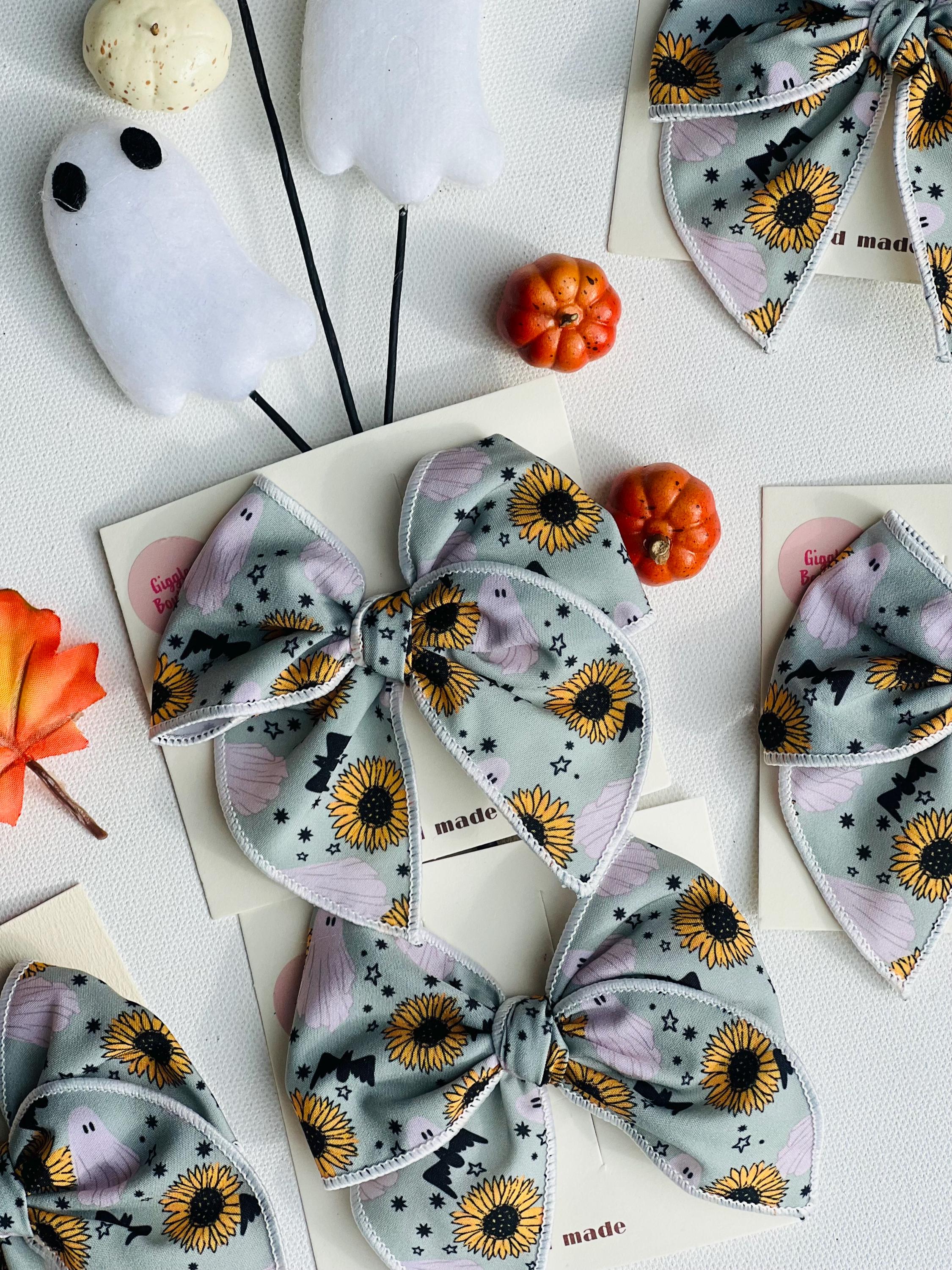 Spooky sunflower and ghost Halloween bow- 3.5 handmade hair clip, view 3