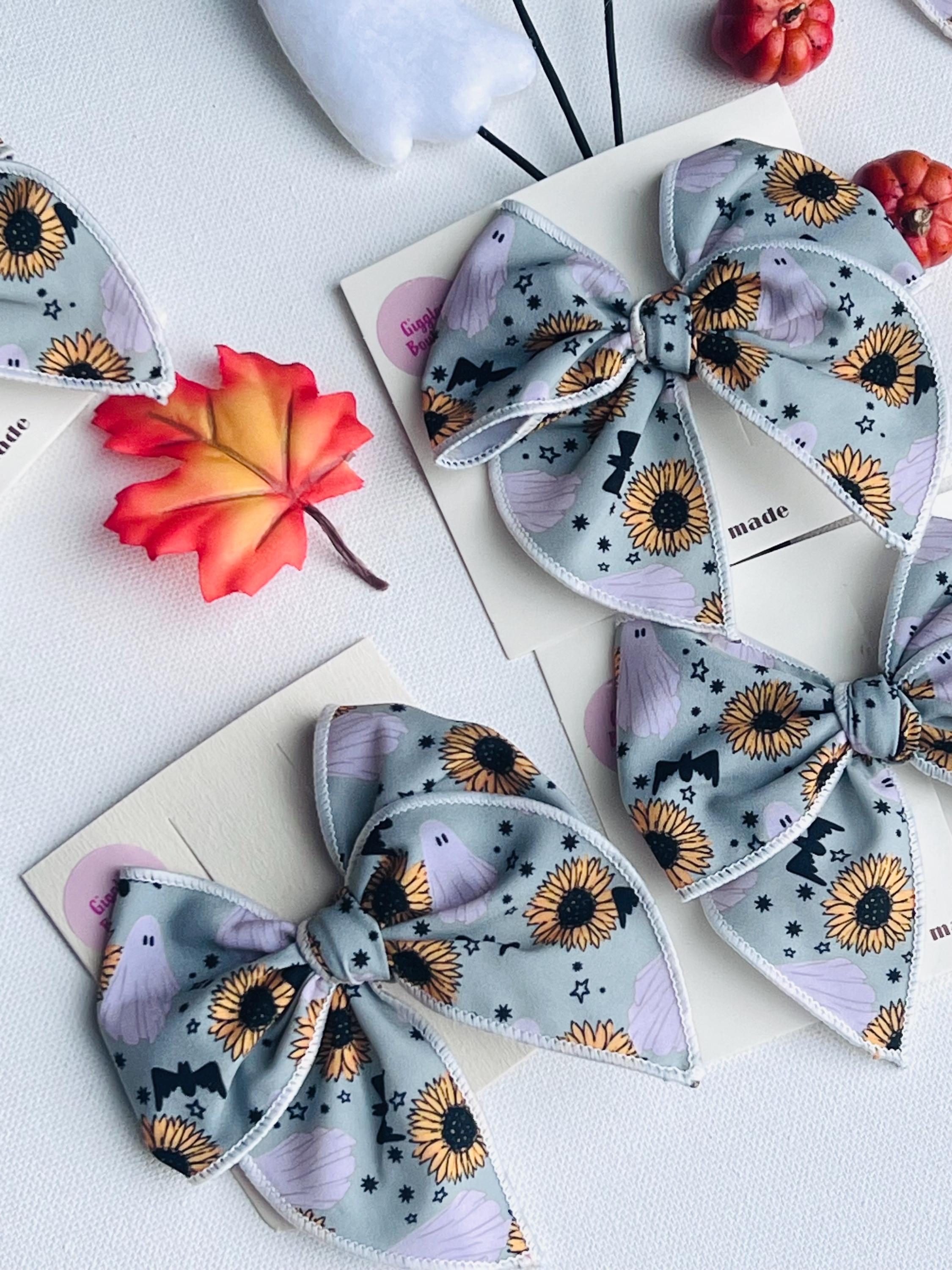 Spooky sunflower and ghost Halloween bow- 3.5 handmade hair clip, view 4