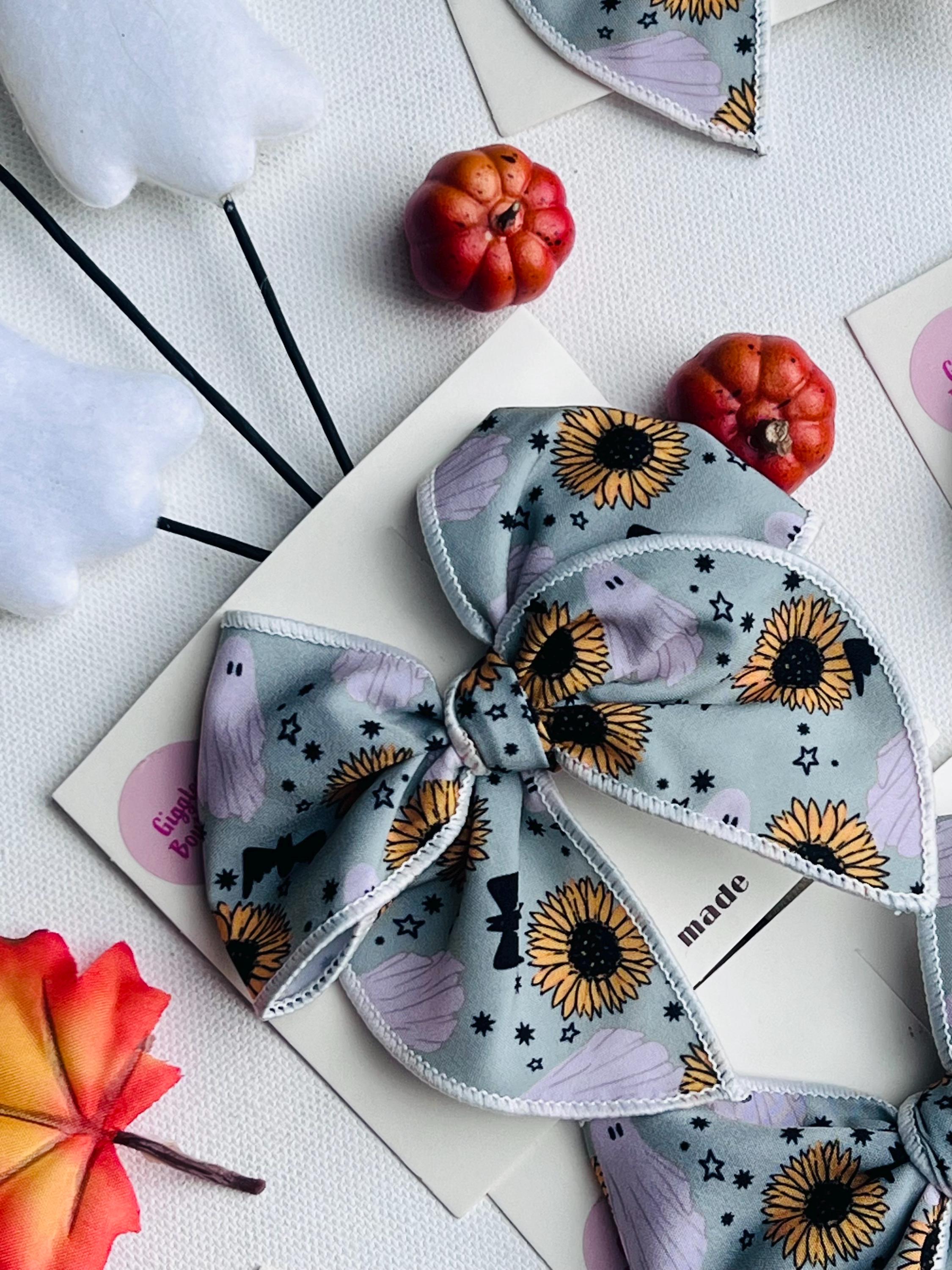 Spooky sunflower and ghost Halloween bow- 3.5 handmade hair clip, view 5