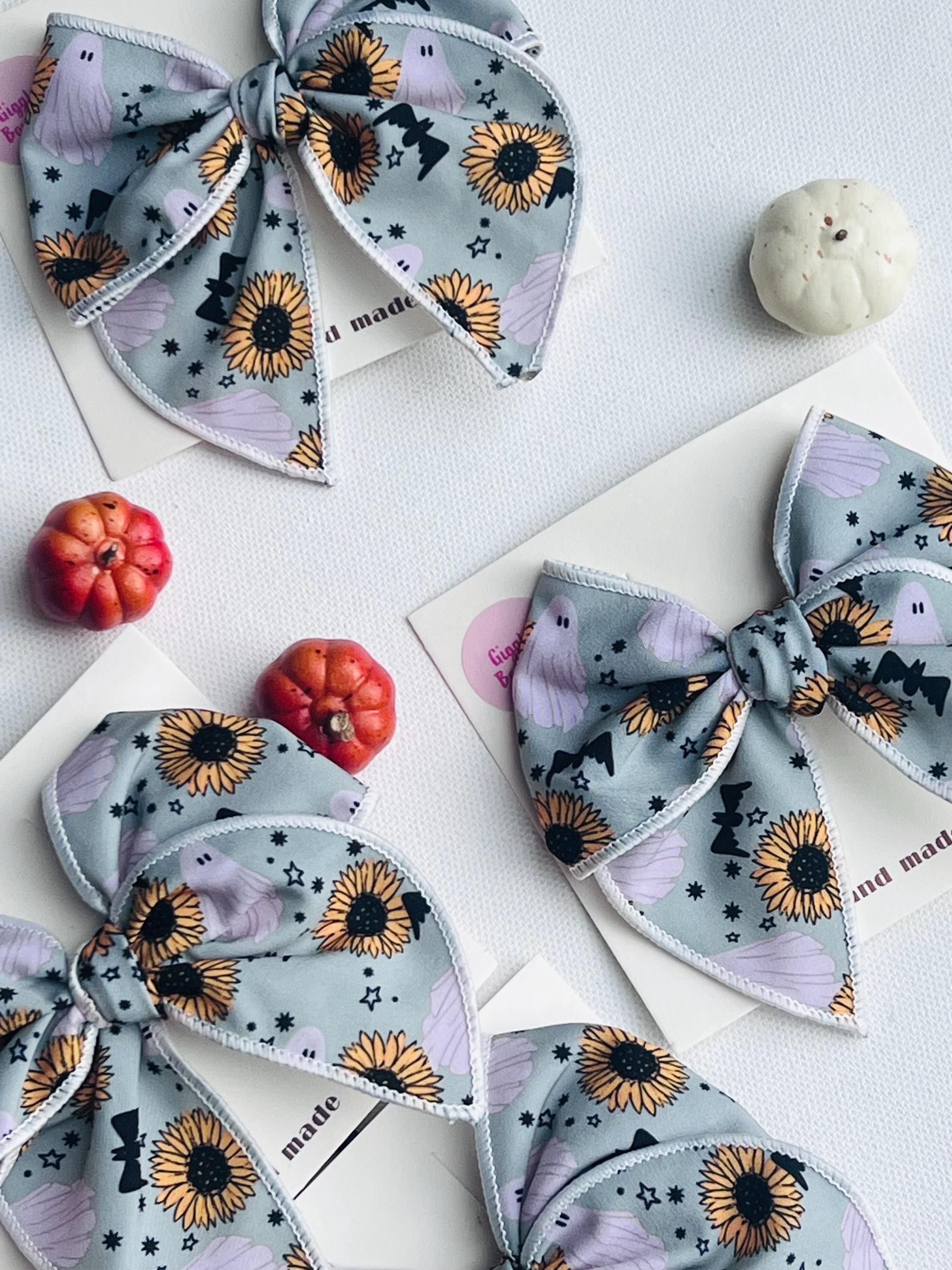 Spooky sunflower and ghost Halloween bow- 3.5 handmade hair clip, view 6