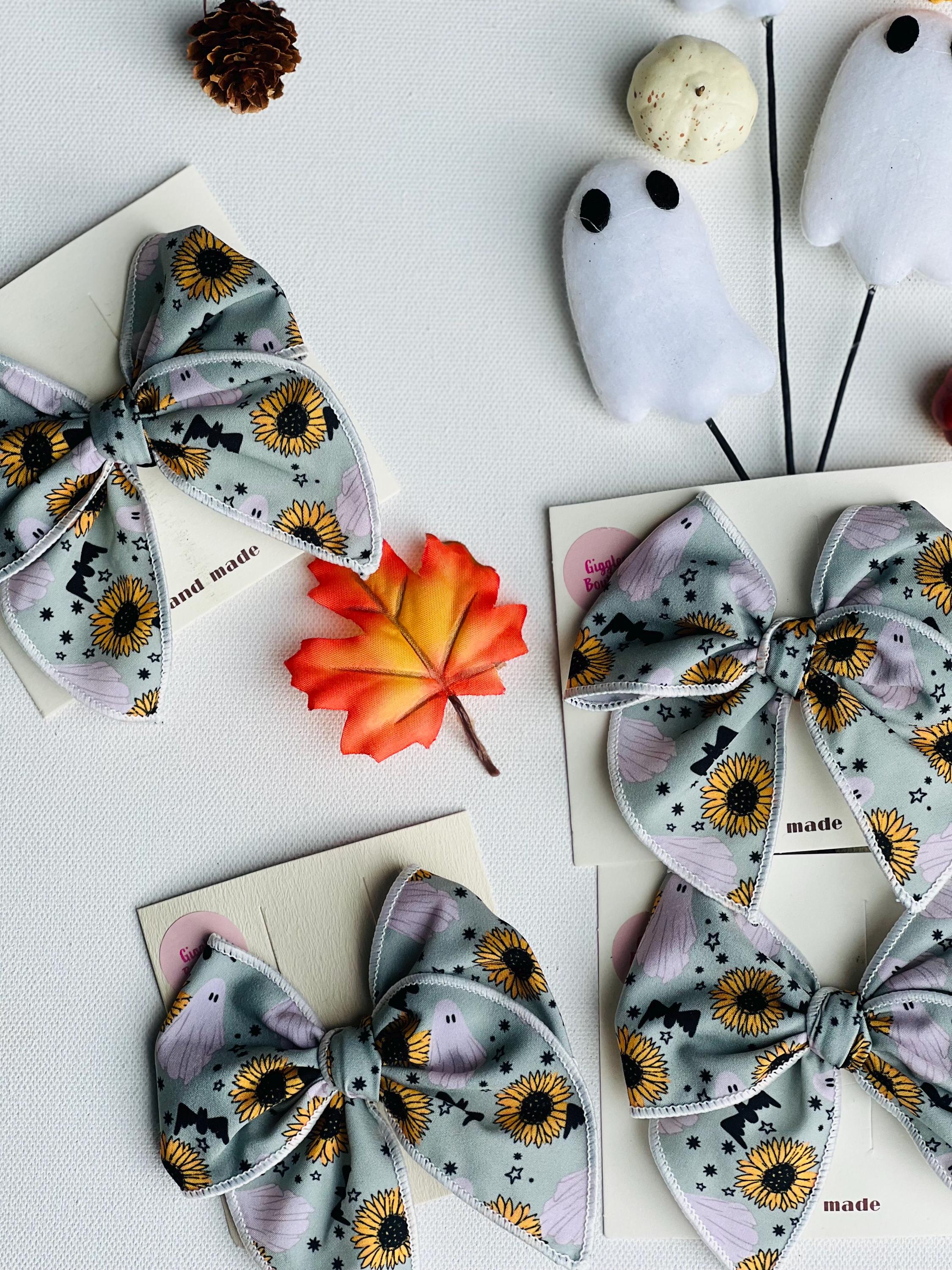 Spooky sunflower and ghost Halloween bow- 3.5 handmade hair clip, view 7