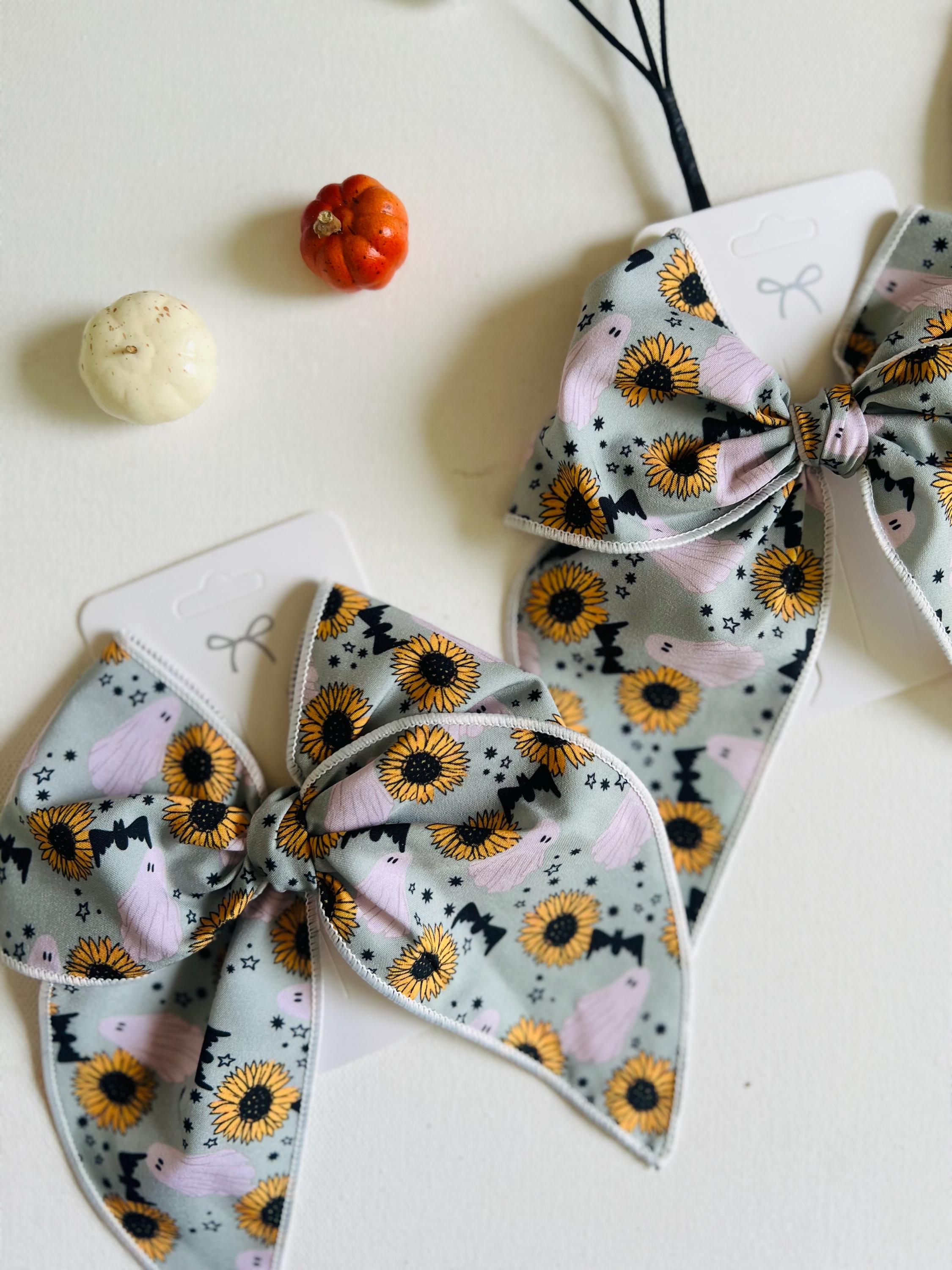 Spooky sunflower and ghost Halloween bow-5” handmade hair clip, view 10