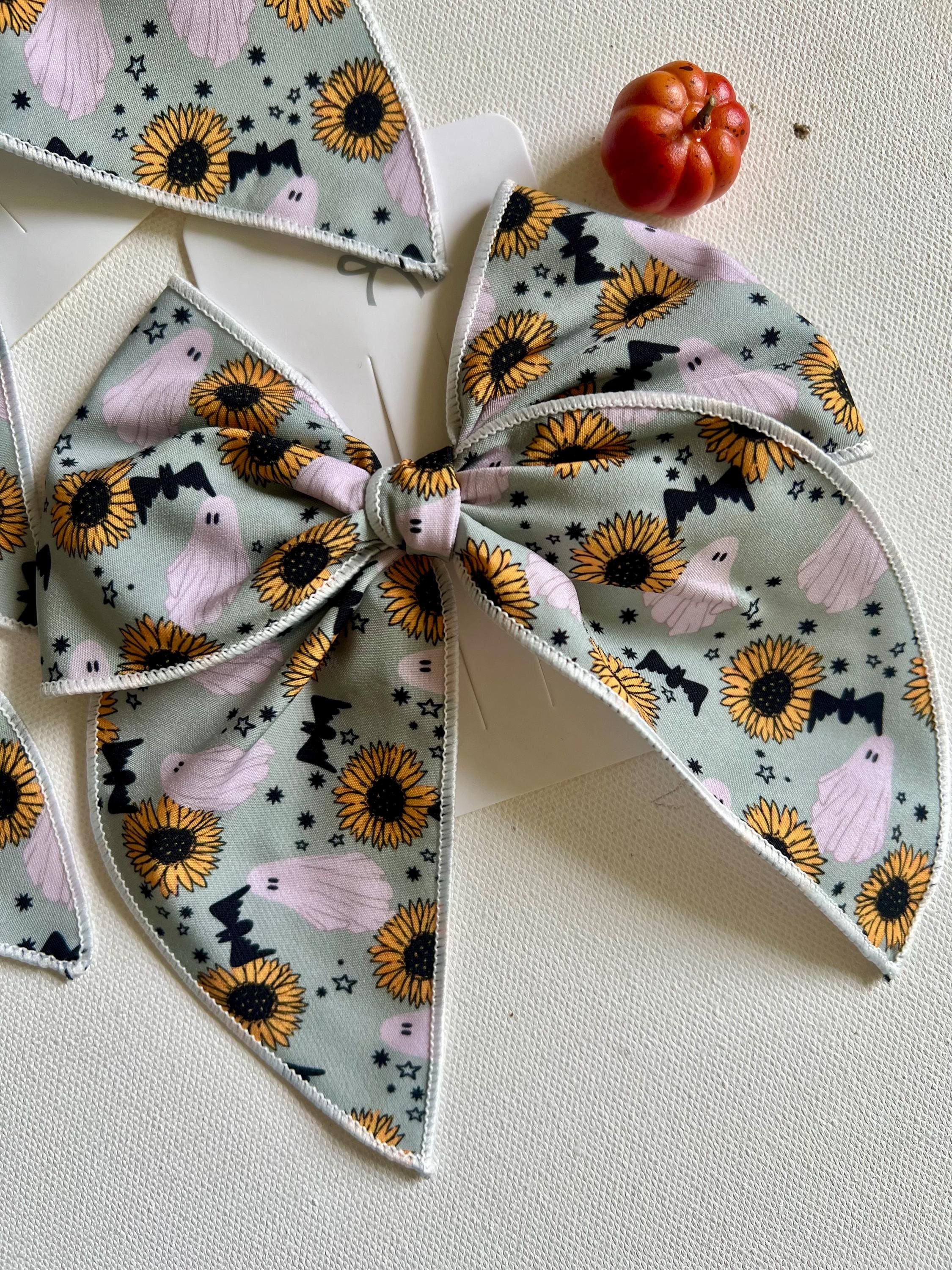 Spooky sunflower and ghost Halloween bow-5” handmade hair clip, view 11
