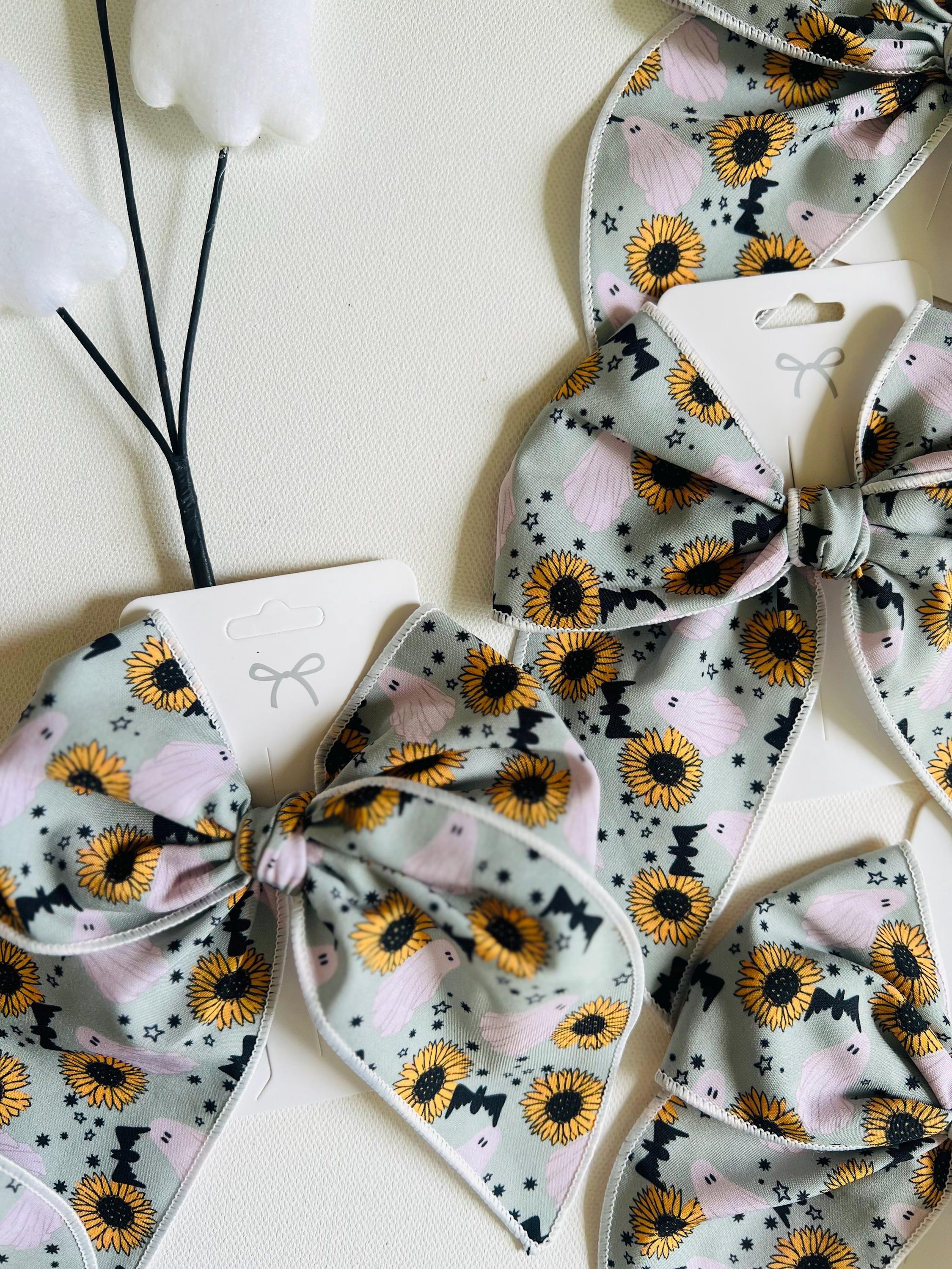 Spooky sunflower and ghost Halloween bow-5” handmade hair clip, view 12