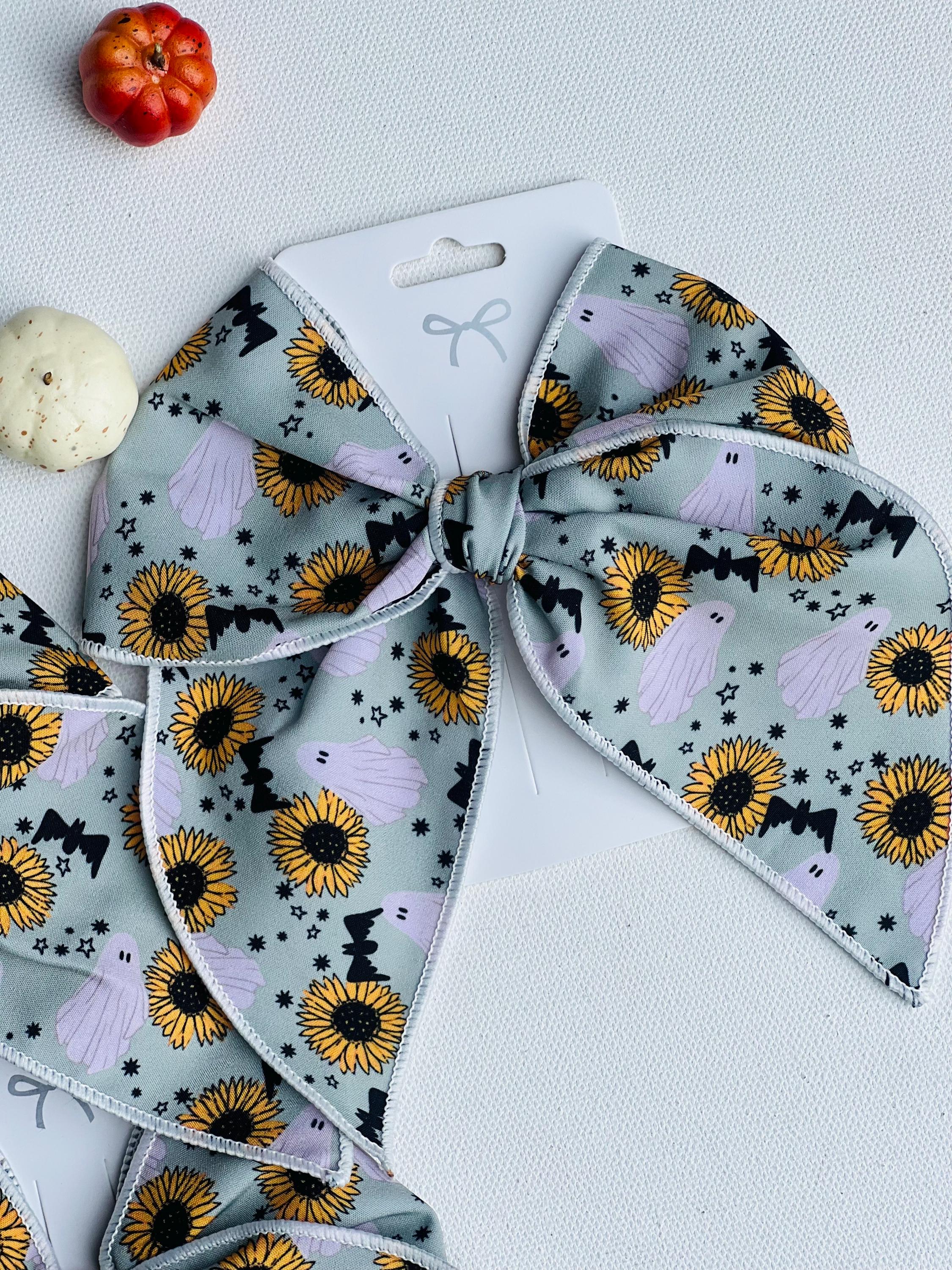Spooky sunflower and ghost Halloween bow-5” handmade hair clip, view 13