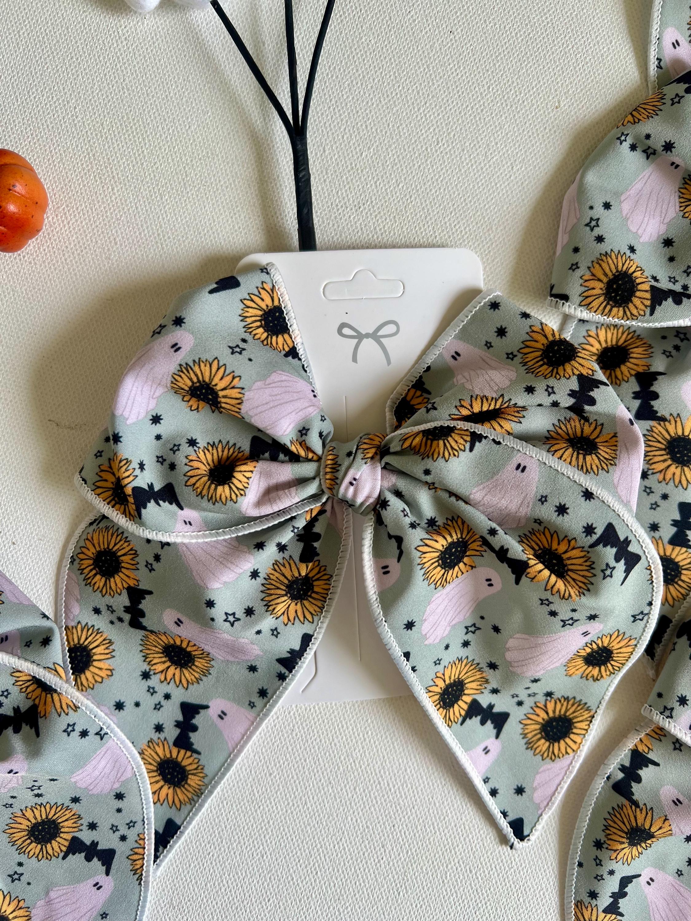 Spooky sunflower and ghost Halloween bow-5” handmade hair clip, view 16
