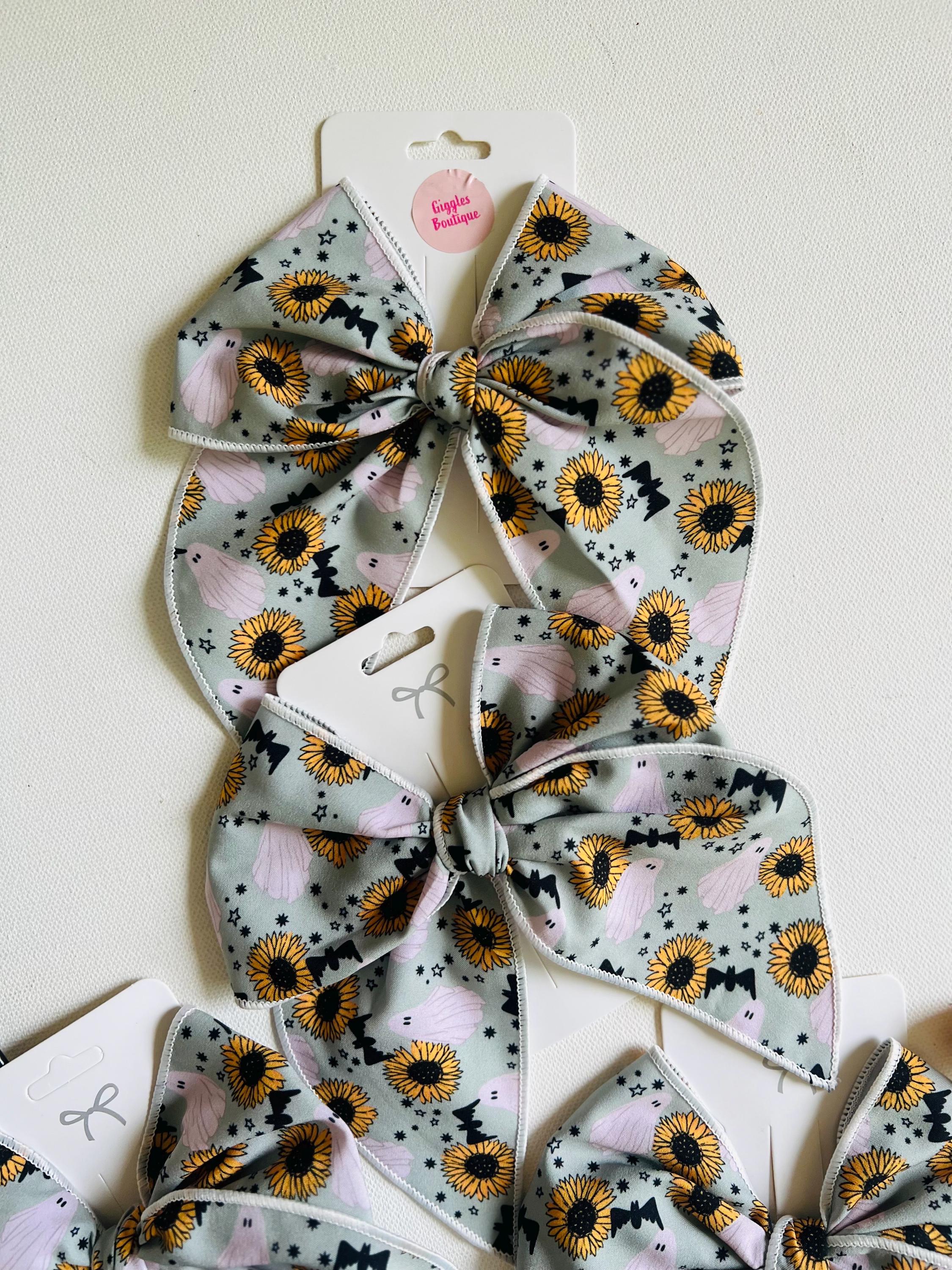 Spooky sunflower and ghost Halloween bow-5” handmade hair clip, view 17