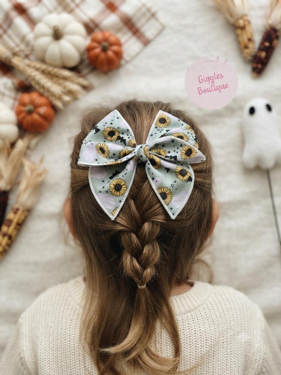Spooky sunflower and ghost Halloween bow-5” handmade hair clip, view 2