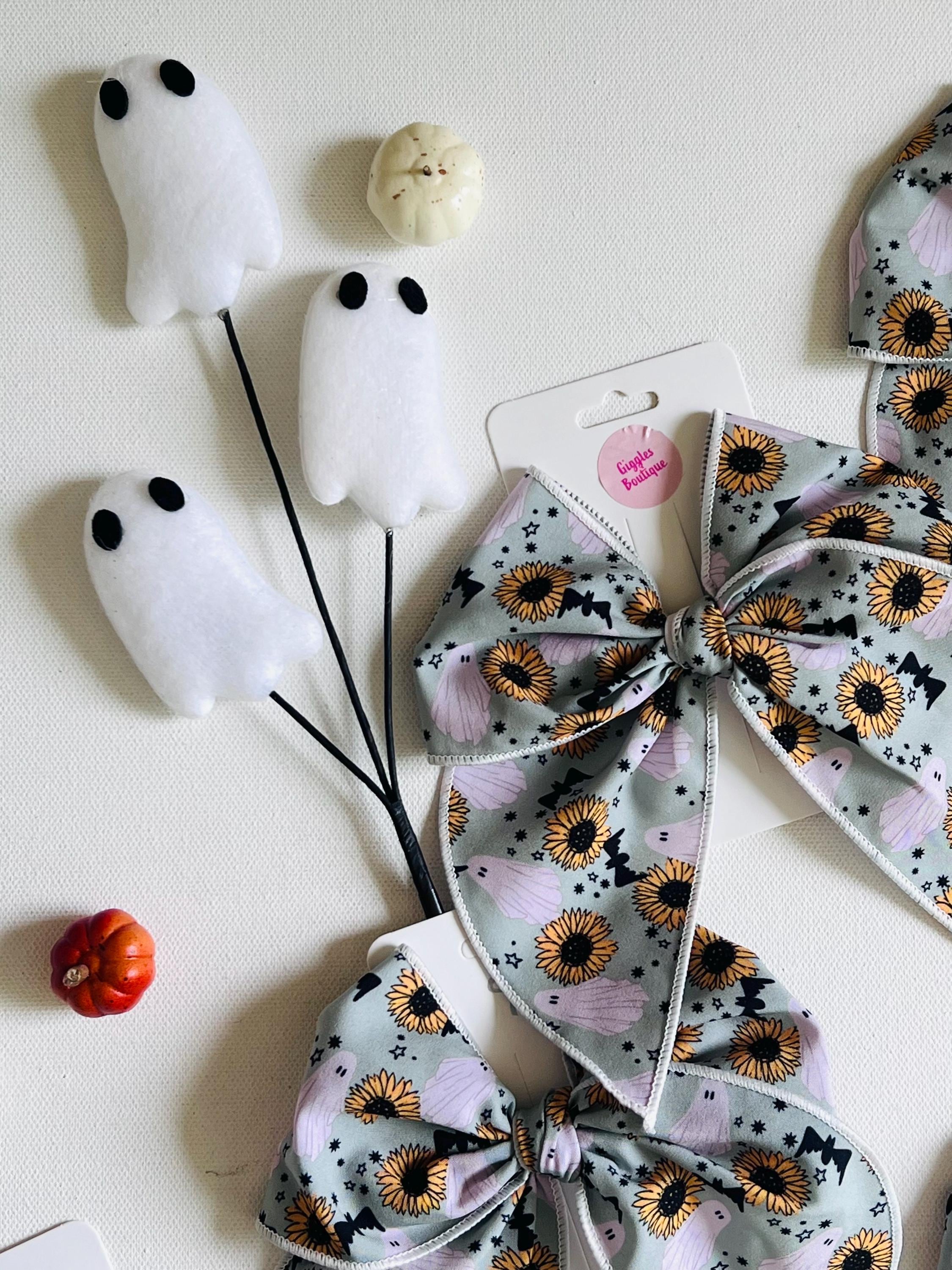 Spooky sunflower and ghost Halloween bow-5” handmade hair clip, view 3