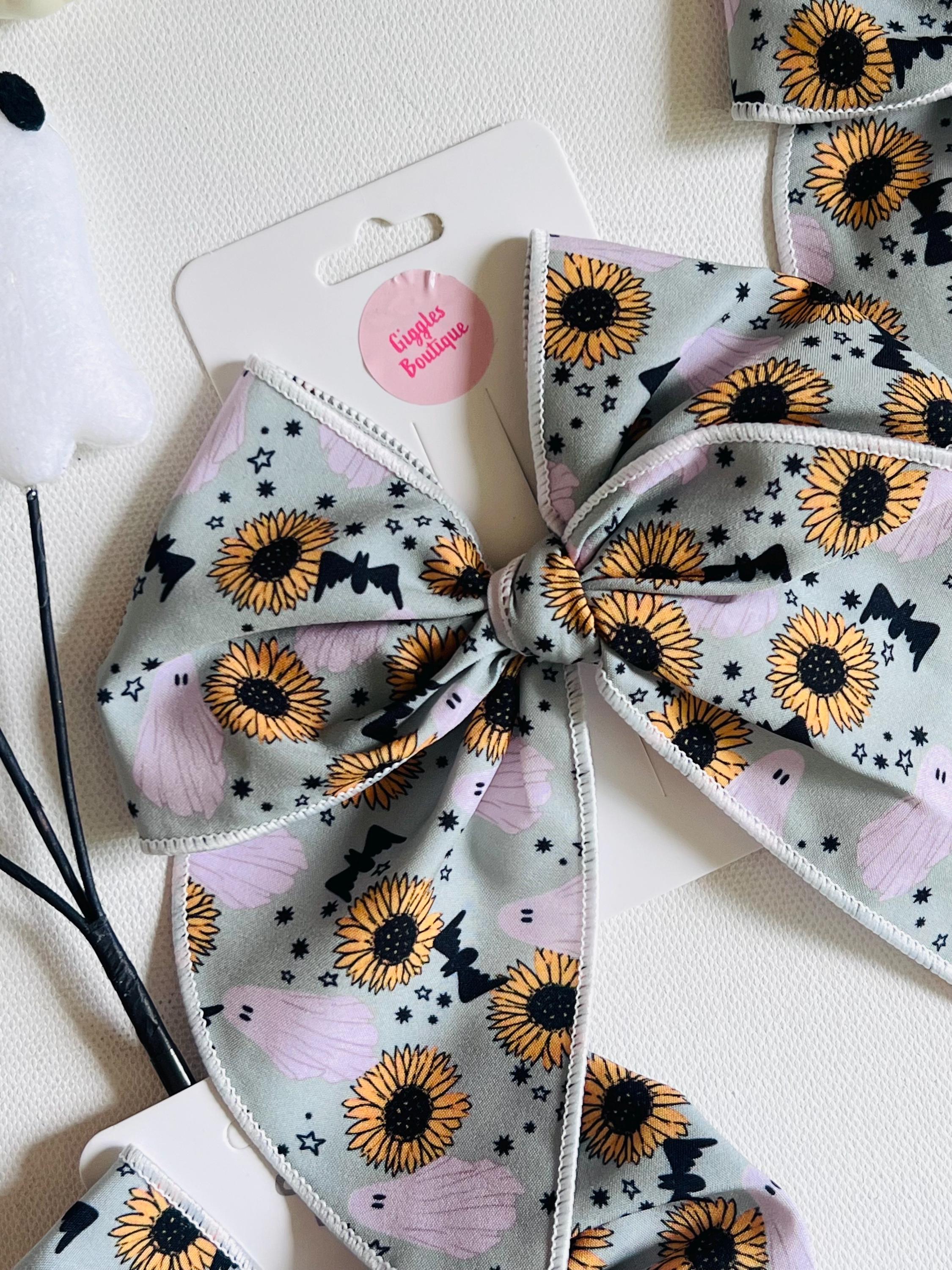 Spooky sunflower and ghost Halloween bow-5” handmade hair clip, view 4