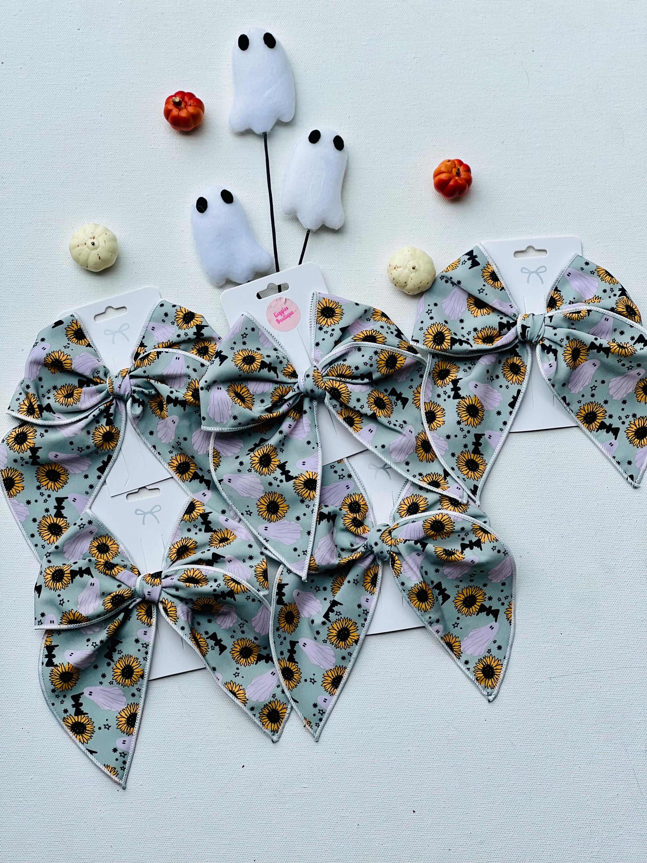Spooky sunflower and ghost Halloween bow-5” handmade hair clip, view 5