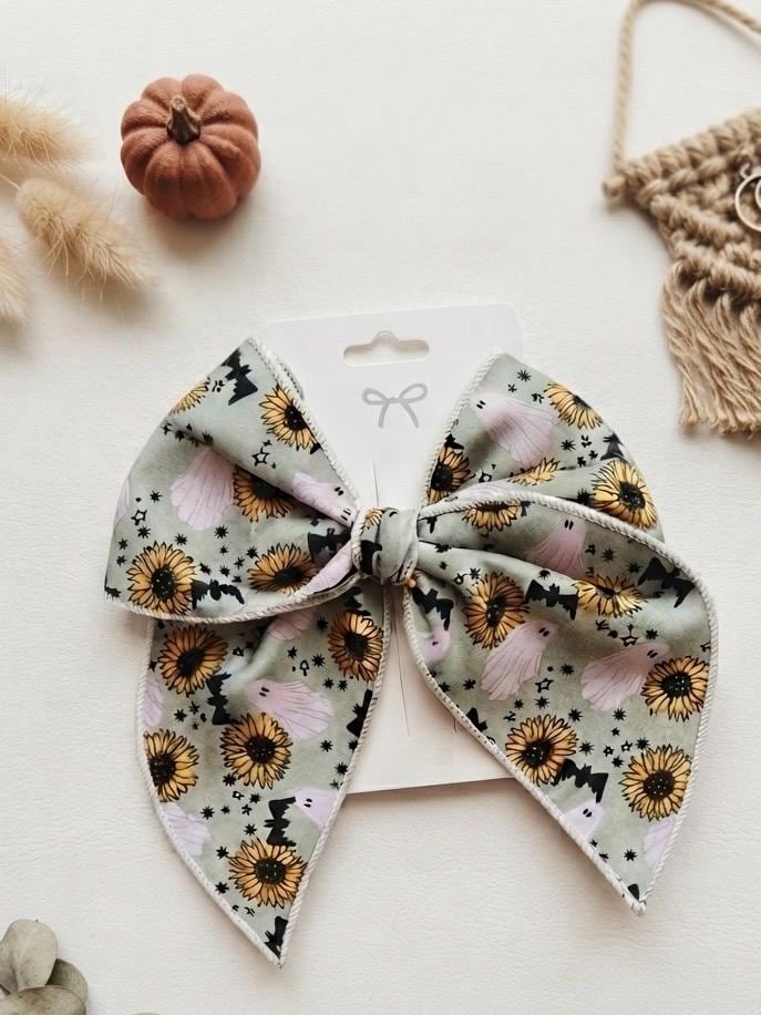 Spooky sunflower and ghost Halloween bow-5” handmade hair clip, view 6